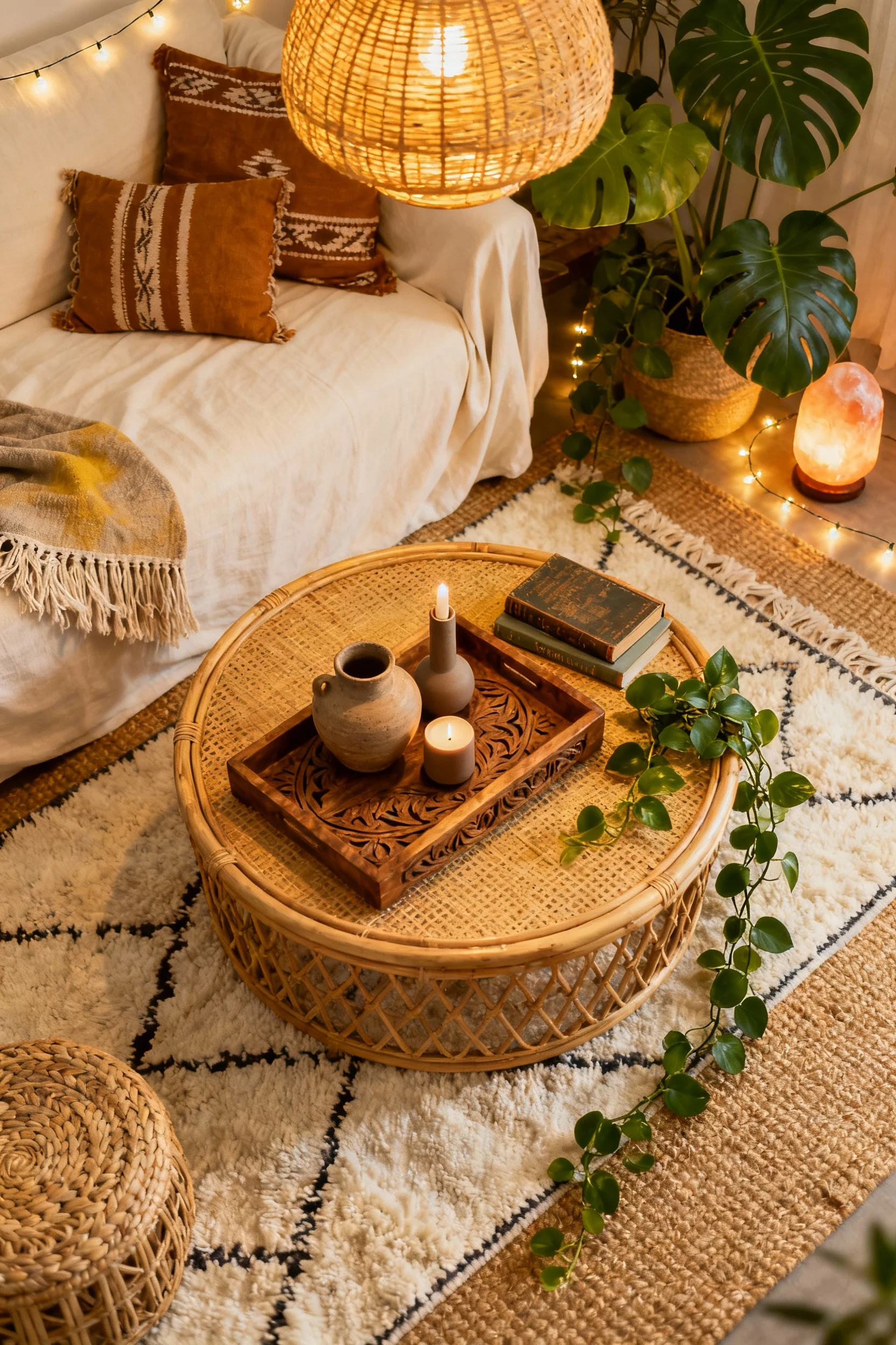 3. Overhead detail shot of a rounded rattan coffee table styled with a carved wood tray, handmade pottery, matte ceramic