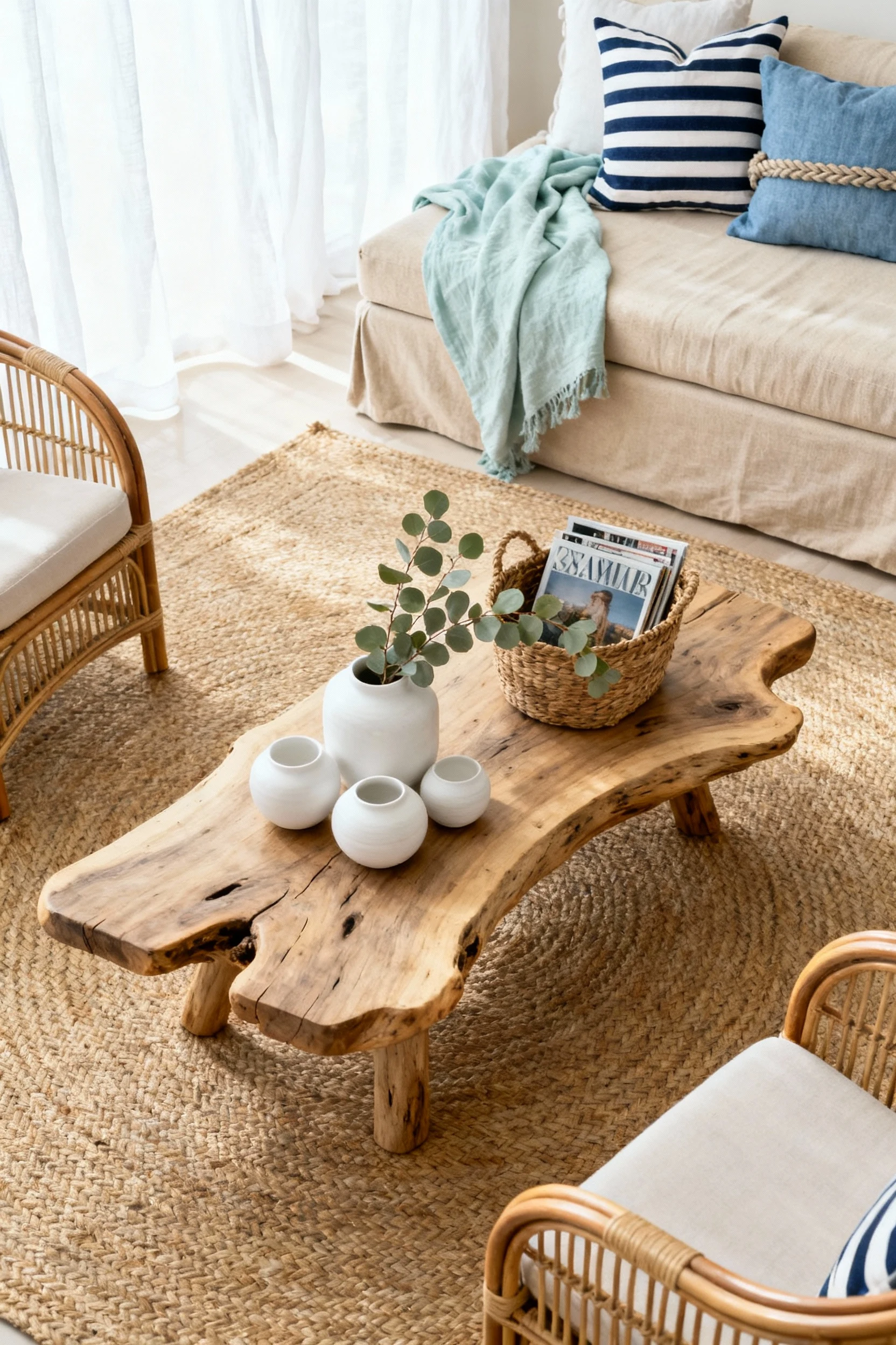 Photorealistic overhead detail of a driftwood-style coffee table with organic edges on an oversized woven seagrass rug: 