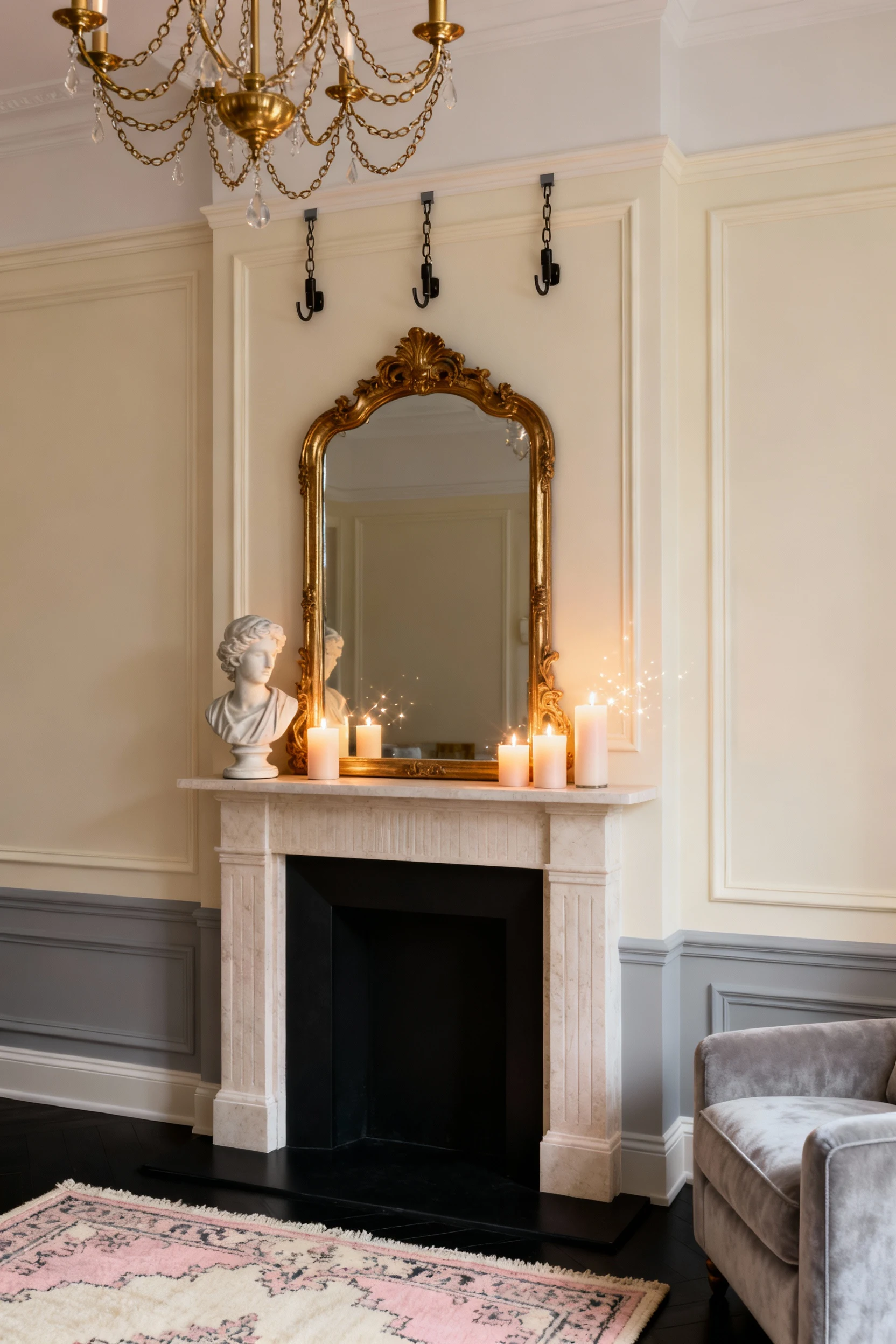 Detailed closeup of a Parisian-inspired petite salon vignette: a freestanding faux mantel with an oversized gilded mirro