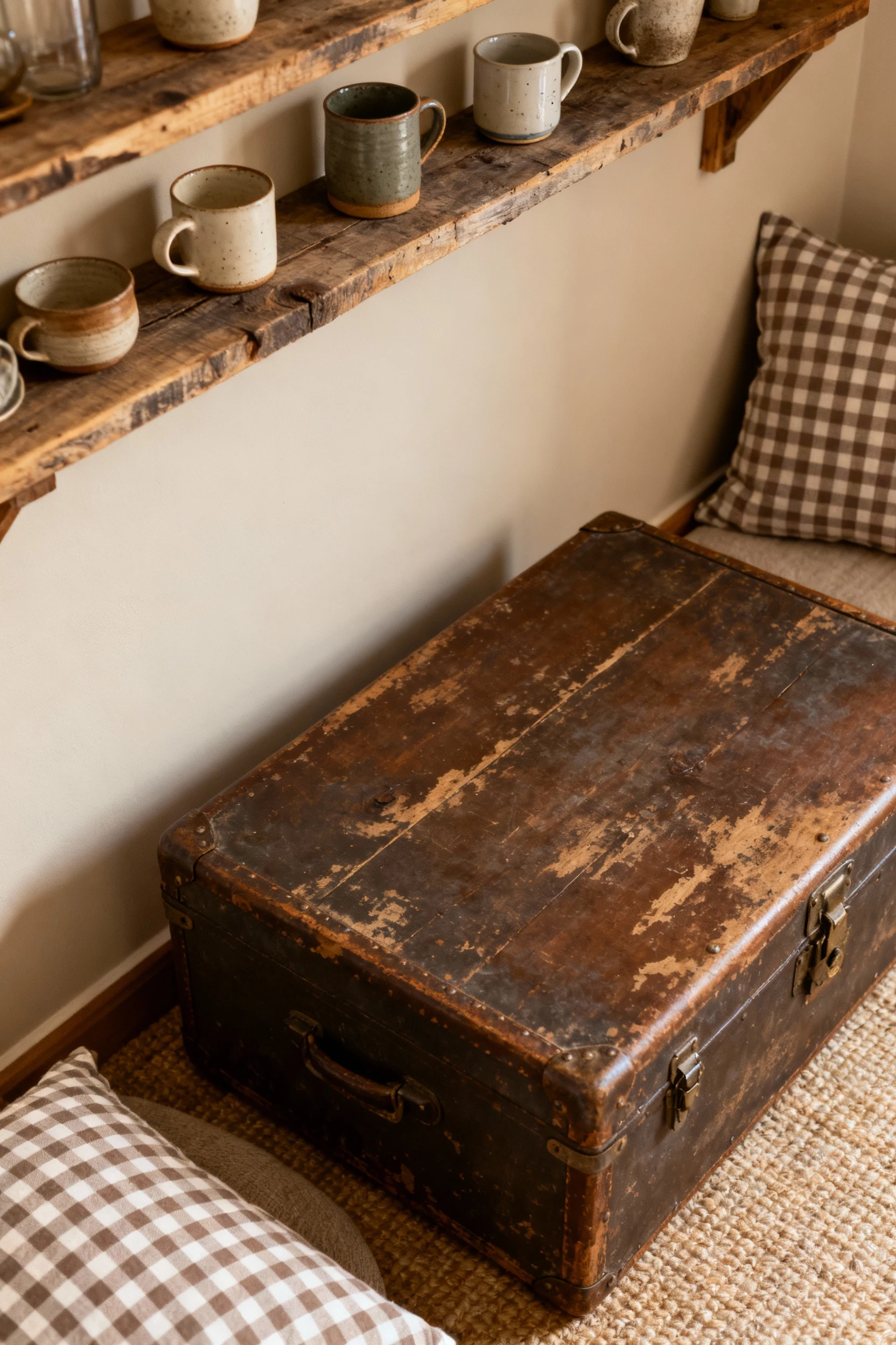 Overhead detail shot of rustic country charm in a small studio living space, showcasing reclaimed wood shelves displayin
