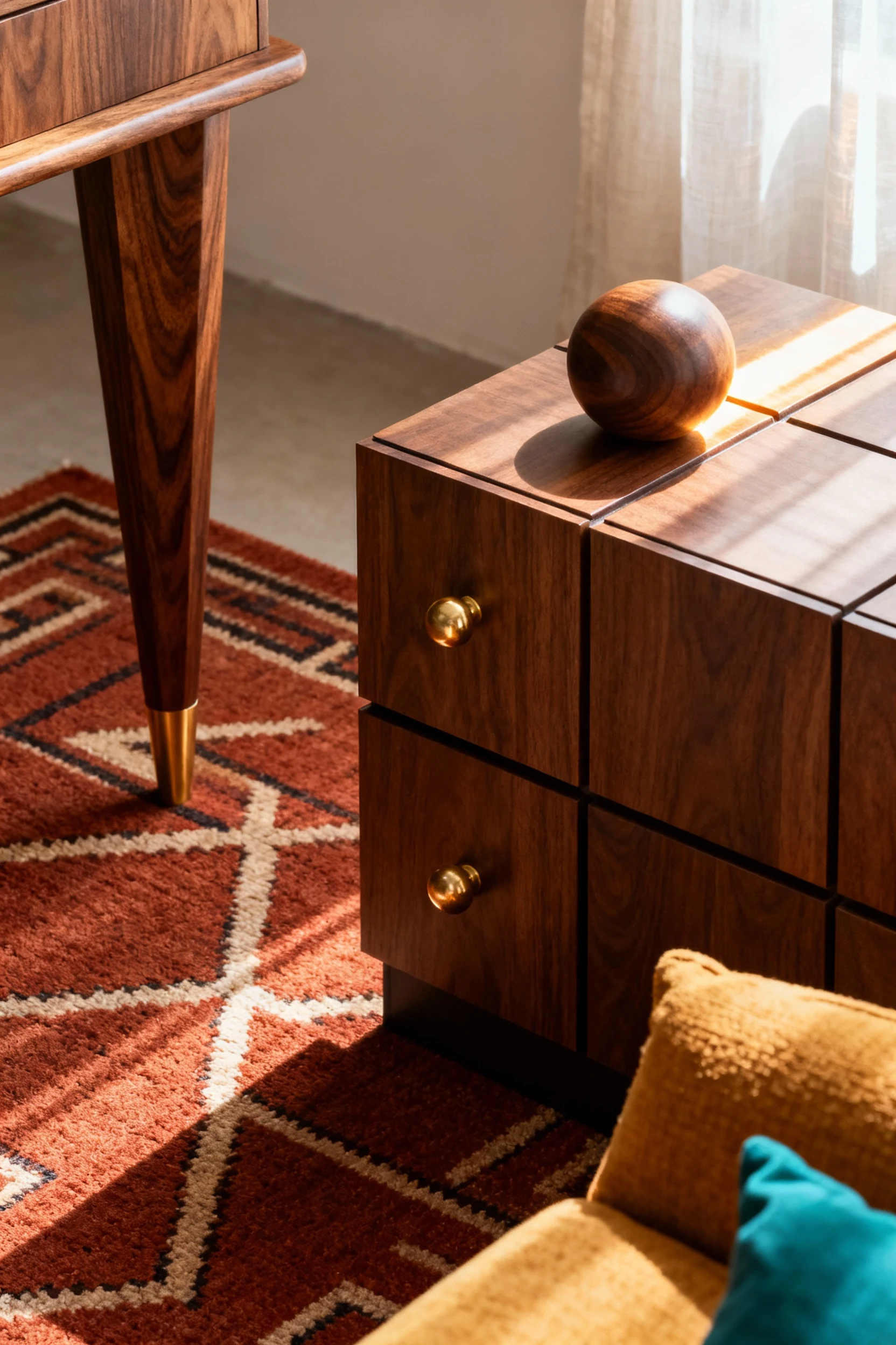 3. Overhead detail shot, Mid-Century Modular Mix: rust-colored rug with a tapered-leg walnut furniture edge; modular cub