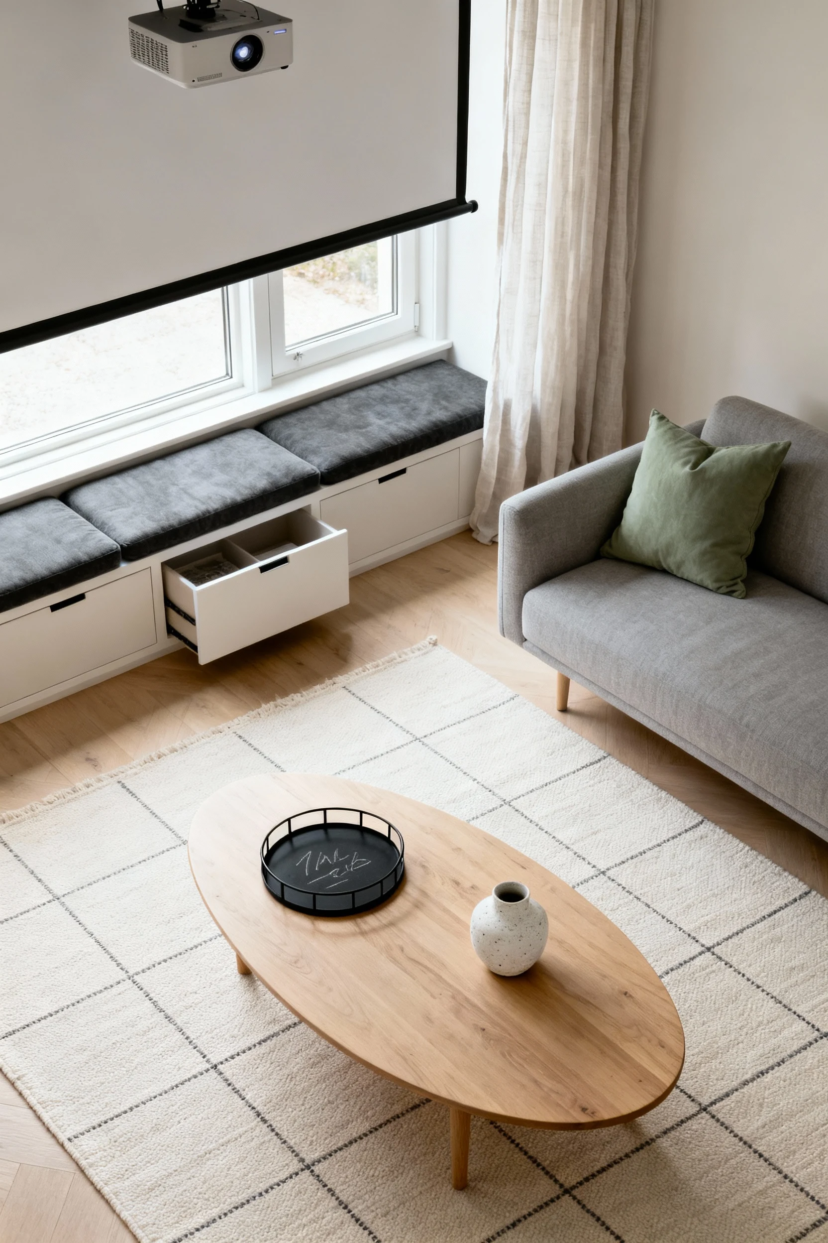 3. Photorealistic overhead detail shot: light oak oval coffee table styled with a black metal tray and a small chalky wh