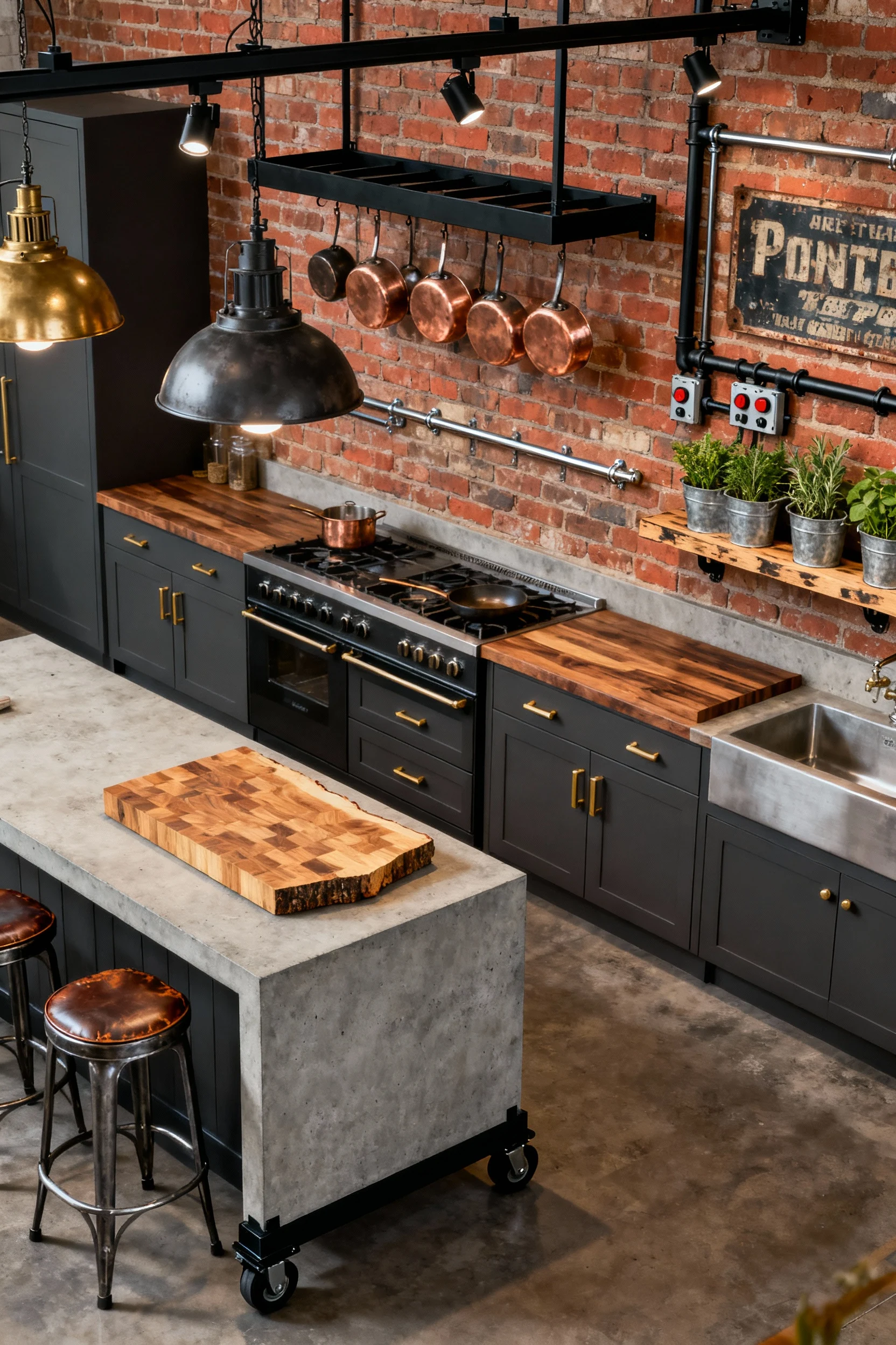 3. Overhead detail shot of an industrial kitchen workzone: waterfall concrete island on black castors with a slice of bu