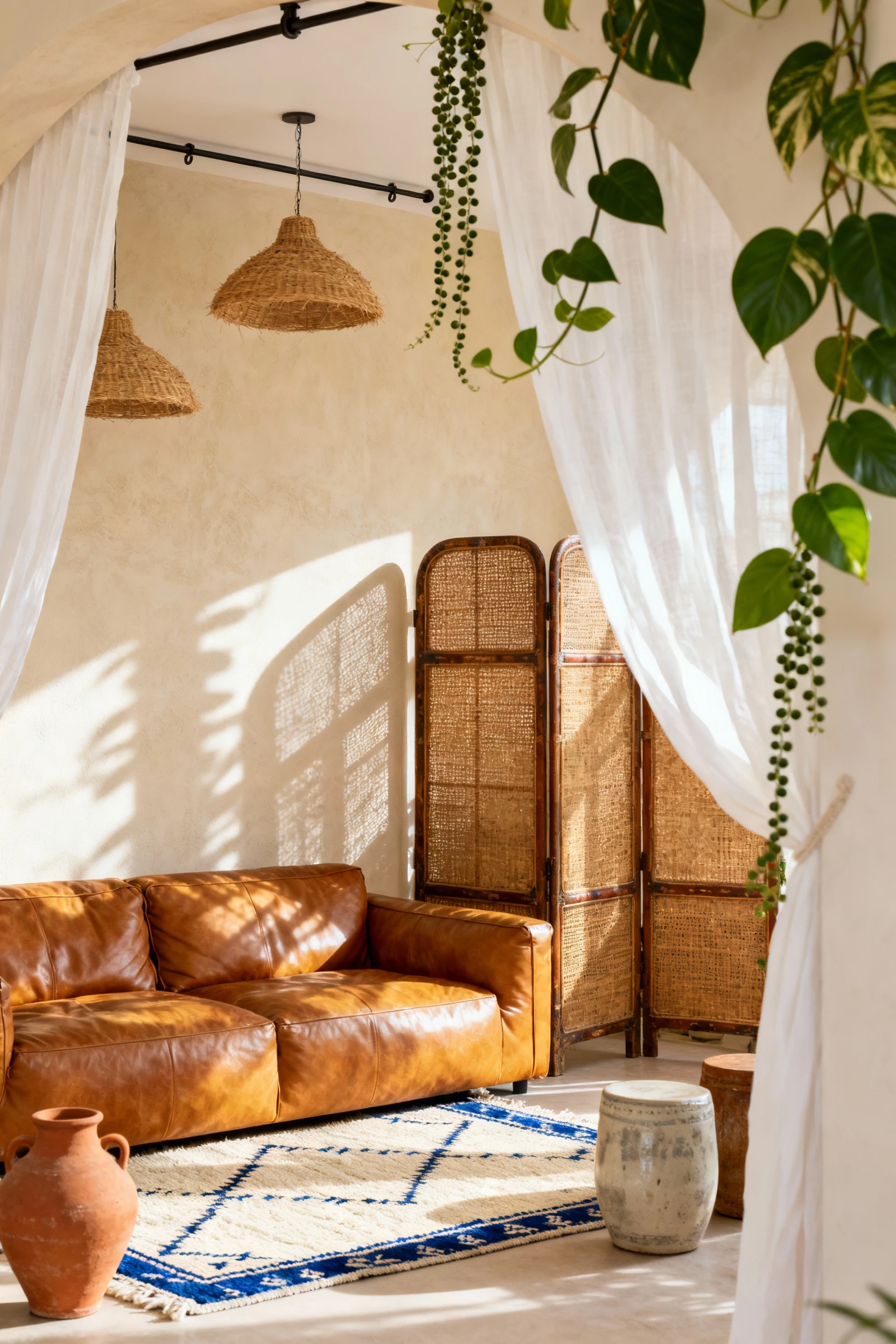 Photorealistic close-up detail with shallow depth of field: gauzy white linen curtains on an arched ceiling track meet t