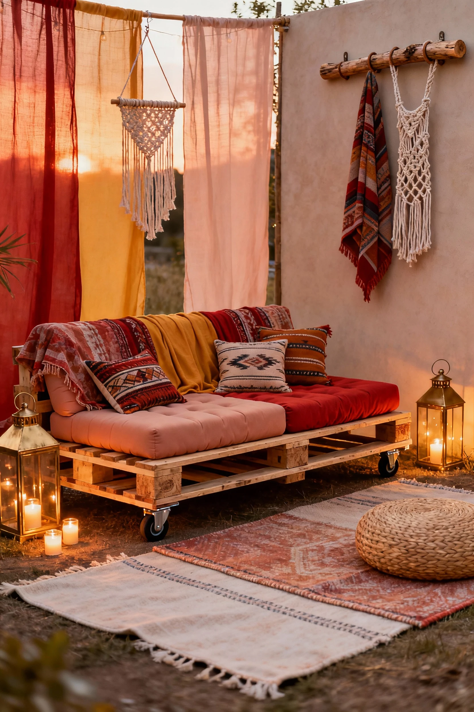 Photorealistic wide corner shot of a boho pallet lounge: low-slung pallet sofa stacked two high on locking casters, thic