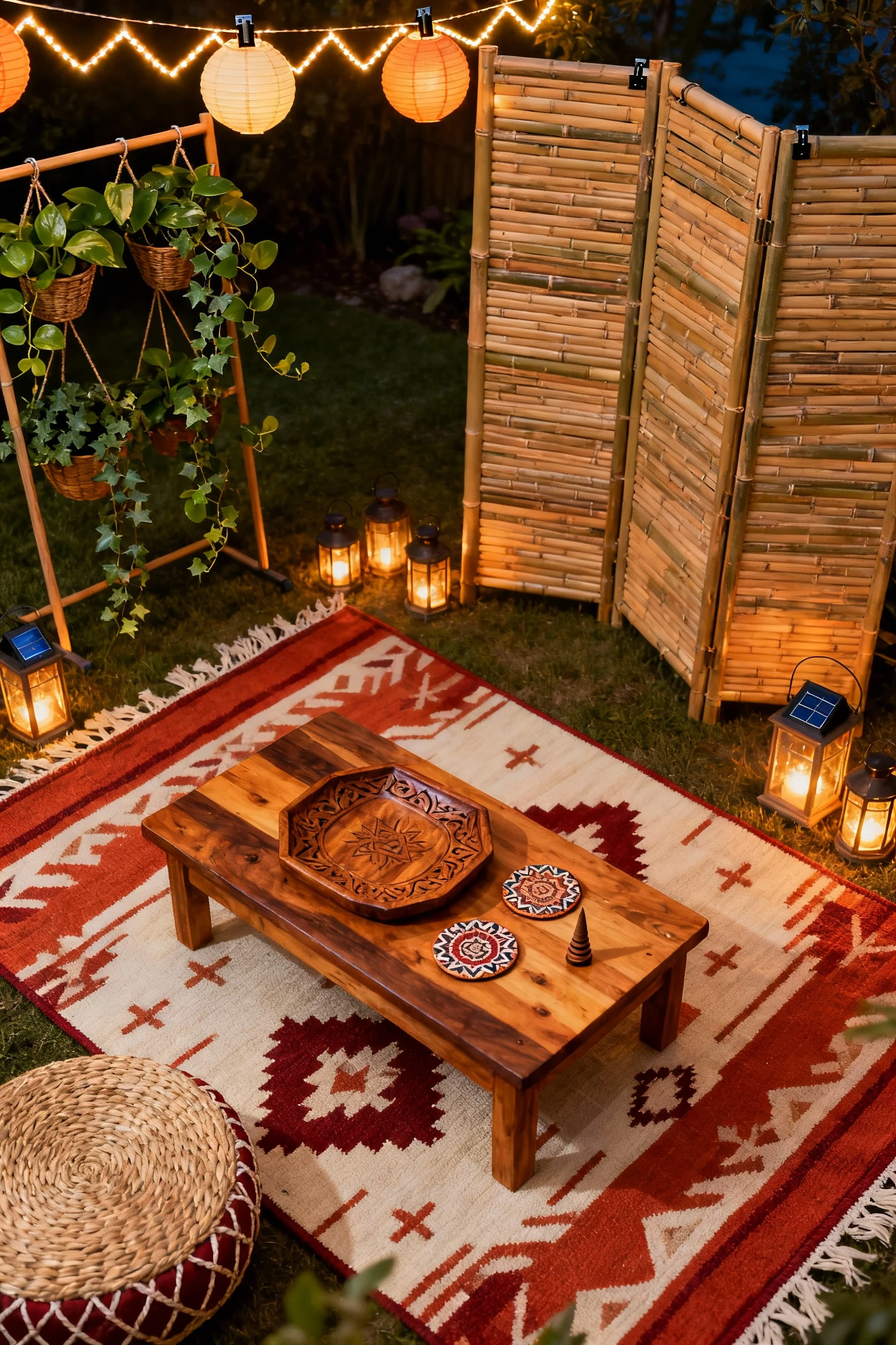 Photorealistic overhead detail shot of a boho lantern retreat: kilim-style outdoor rug in terracotta, rust, and cream wi