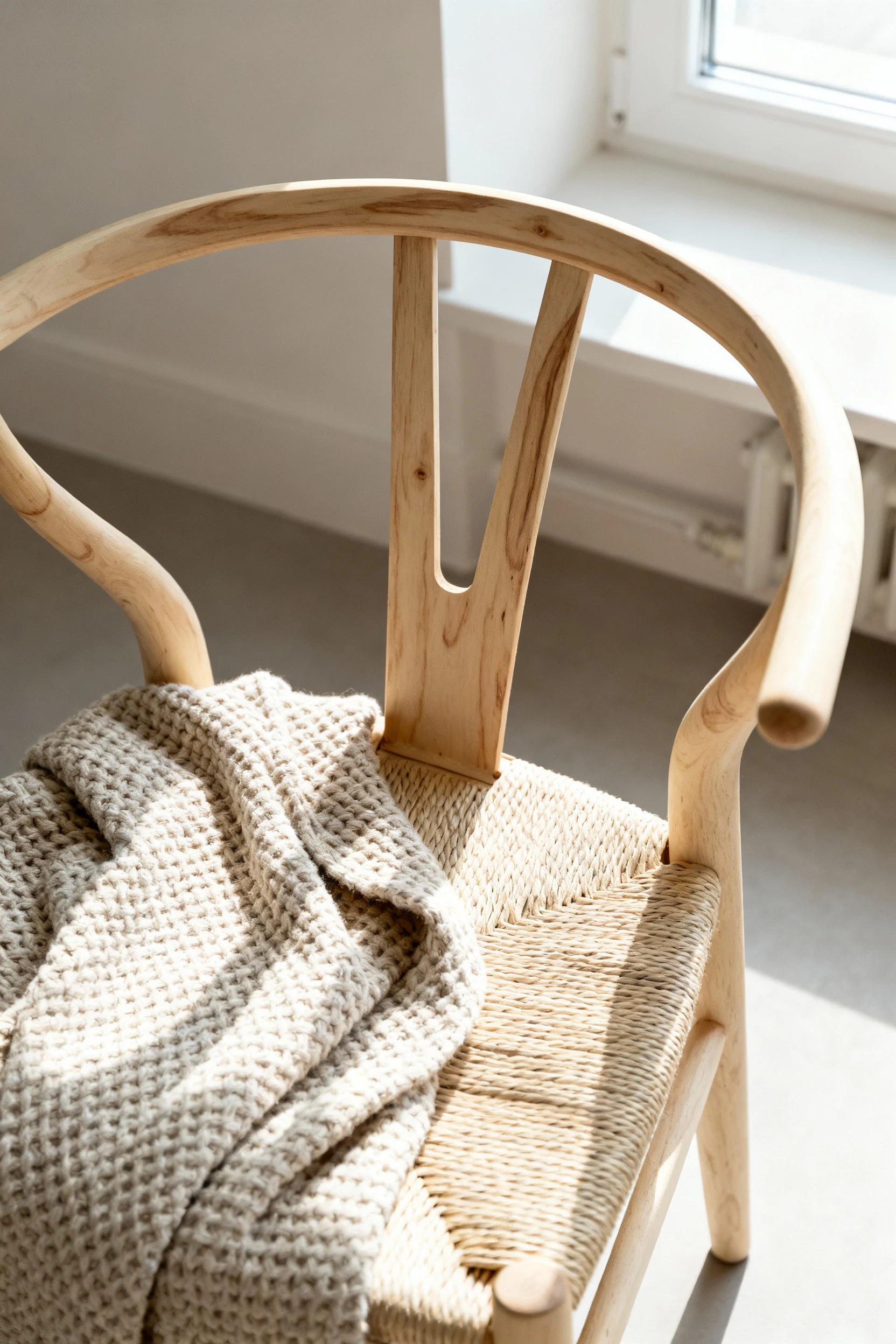 Photorealistic overhead detail closeup of a birch-toned bentwood chair with a woven throw draped over the seat; soft win