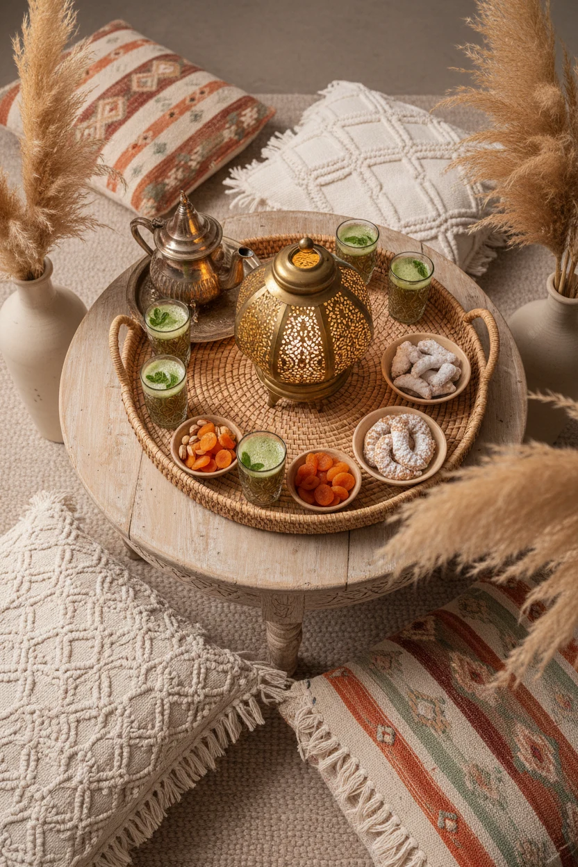 Photorealistic overhead detail closeup: a low round coffee table styled with mint tea and snacks, warm brass lantern glo