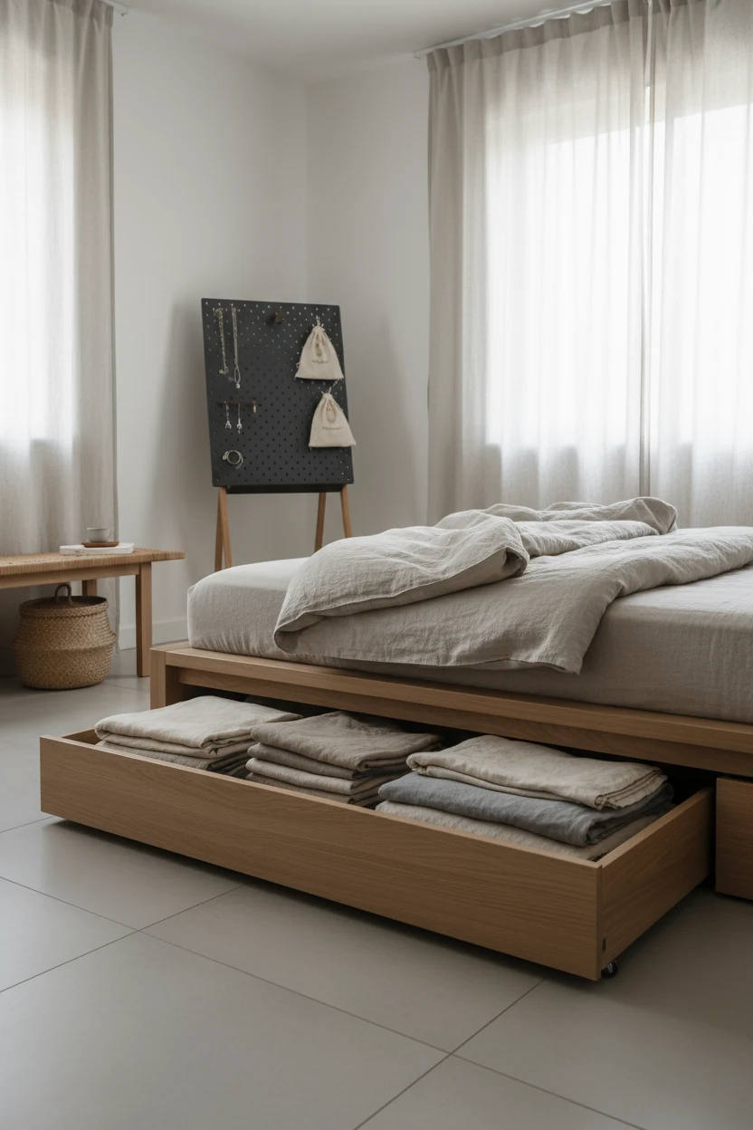 3. Low-angle closeup detail in a calm Japandi bedroom with sand, charcoal, and linen tones; a rolling under-bed drawer p