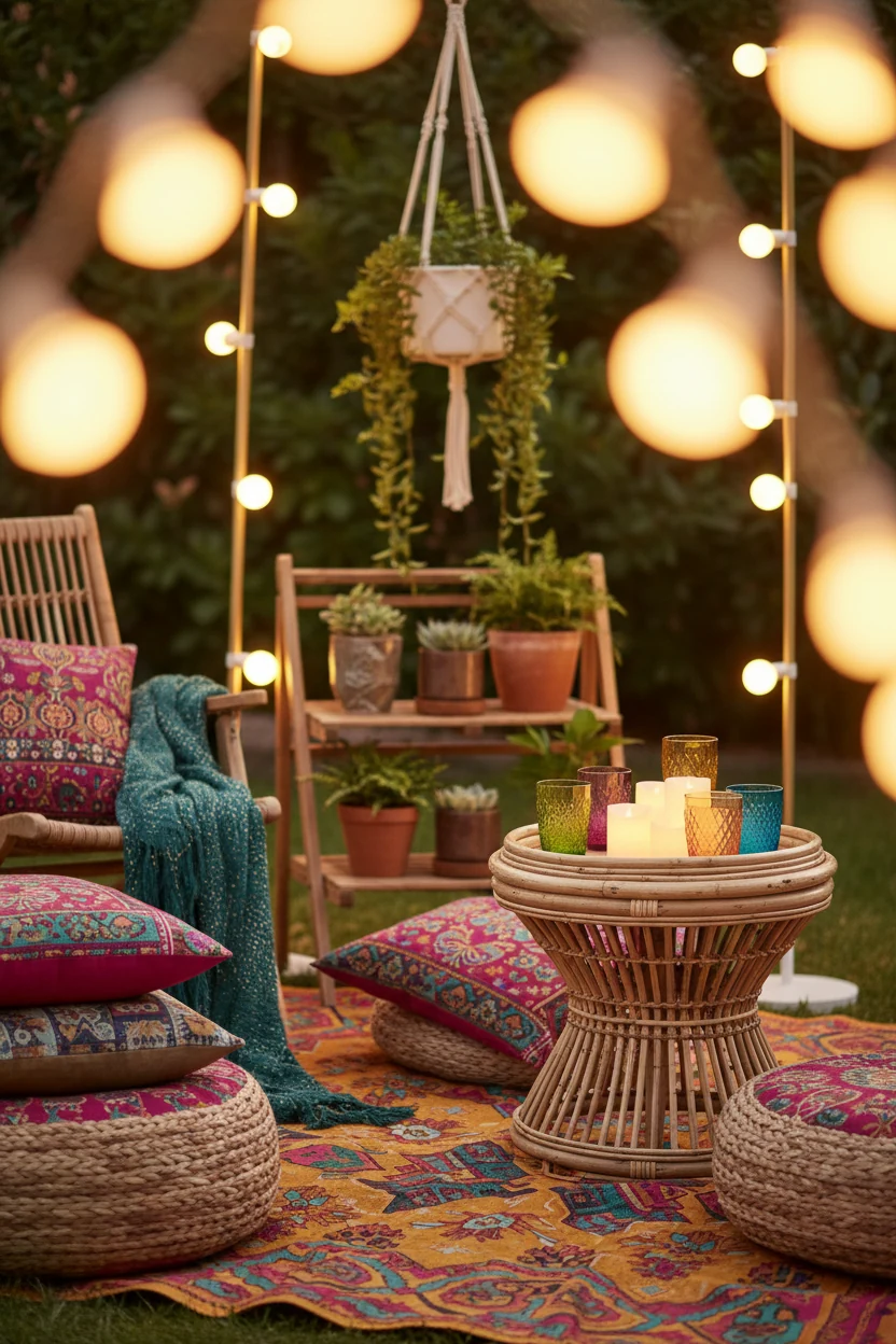 3. Detailed closeup, photorealistic boho entertaining vignette: vibrant patterned outdoor rug with poufs, edge of a fold
