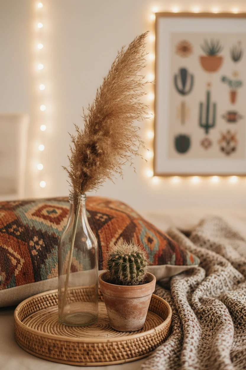 Photorealistic close-up detail shot capturing desert boho textures and colors—terracotta, sand, rust—with pampas grass i