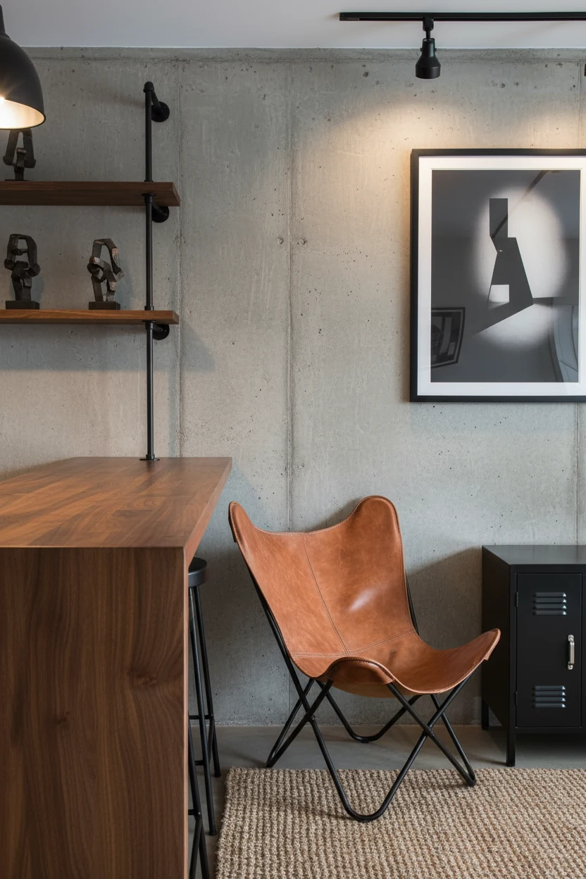 Photorealistic detail closeup of industrial micro-loft textures: the warm walnut butcher-block bar edge adjacent to a ru