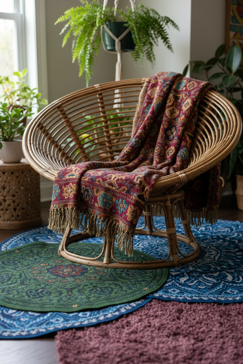 Closeup detail of a Bohemian living room vignette featuring a rattan chair with a patterned throw, layered rugs in warm 