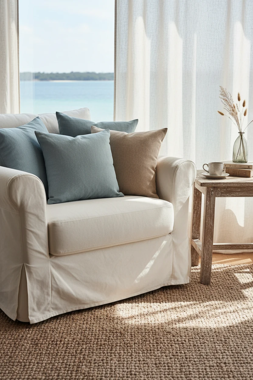 Closeup detail of a coastal calm reading nook with soft blue and sandy beige cushions on a creamy white armchair, textur