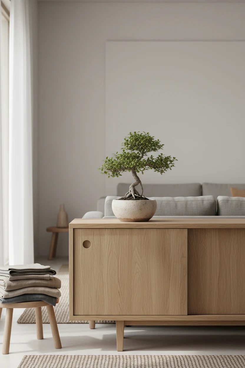 Medium shot of a Japandi-style credenza in natural oak with muted beige and gray folded textiles draped neatly nearby, a