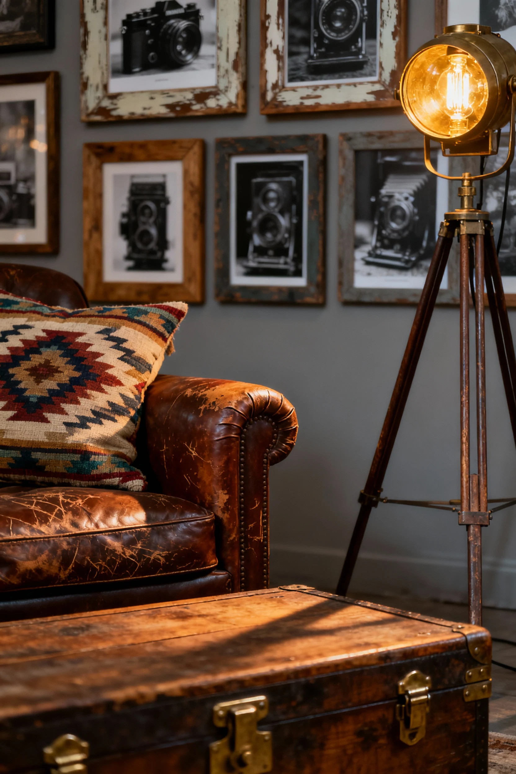 Photorealistic closeup detail: distressed leather club chair arm with a kilim pillow; weathered trunk used as a coffee t