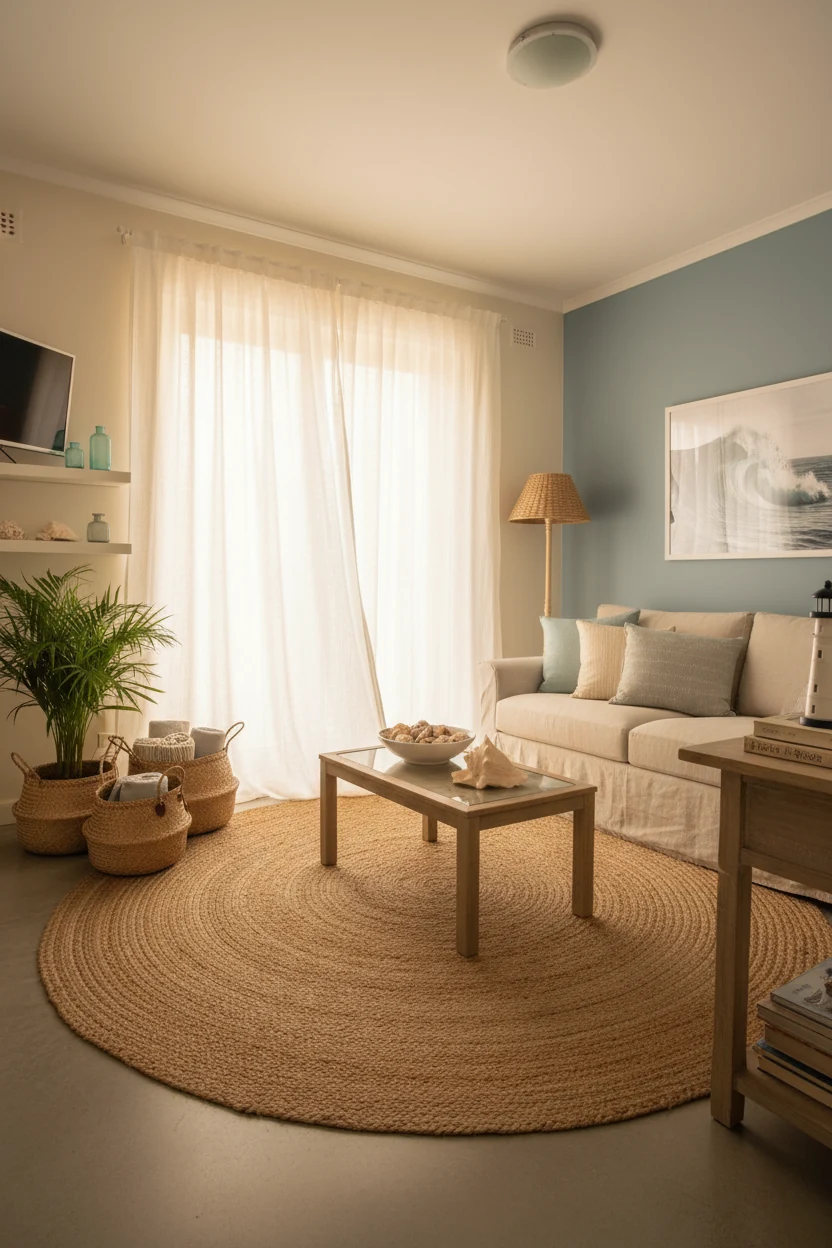 Wide angle view of a coastal-inspired small apartment living space with sun-washed neutral walls, airy white curtains dr