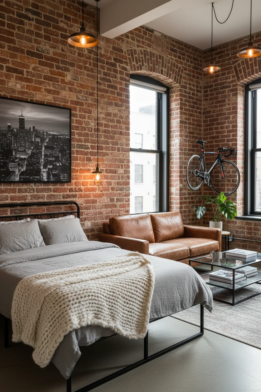 Medium shot from a corner perspective in an urban loft-style studio with exposed brick wallpaper, a black metal-framed b