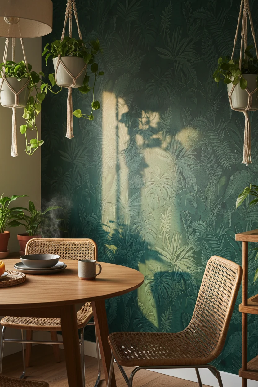 Closeup of lush green peel-and-stick plant mural texture in a dining nook, with rattan chair backs partly visible agains