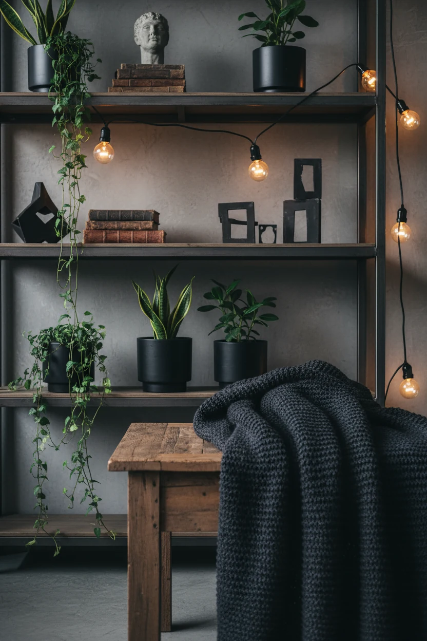 Corner-angle view of an industrial loft dining area featuring exposed brick walls, a wall-mounted fold-down table extend