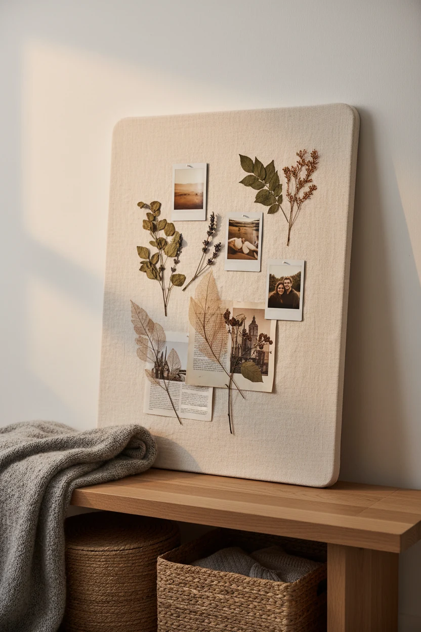 Closeup detail shot of a removable fabric-covered corkboard wrapped in soft linen leaning against a white wall, pinned w