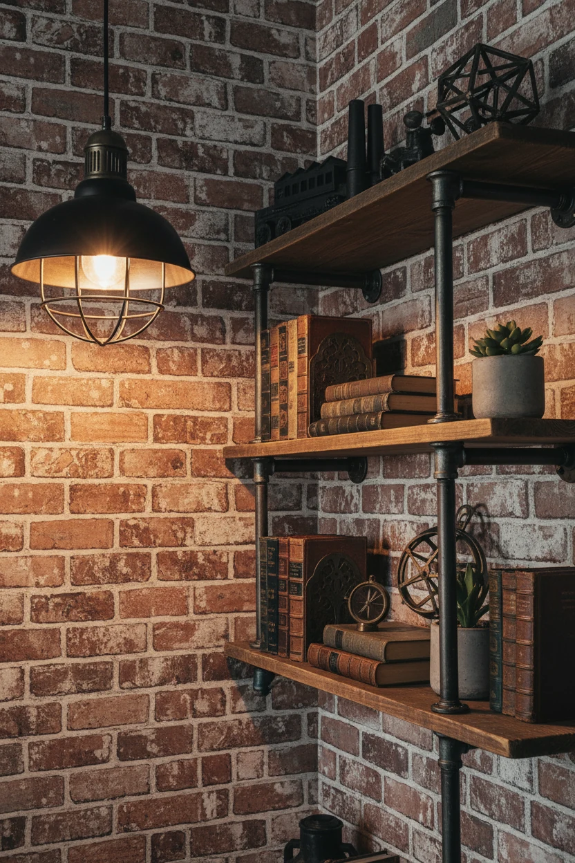 Closeup detail of exposed brick wallpaper with metal shelving holding books and decor items, shot from a corner angle, w