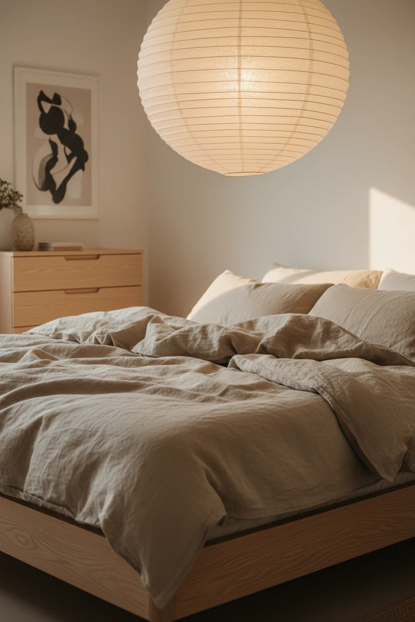 Closeup detail of a Japandi-inspired bedroom bedscape: low ash wood frame with muted beige linen bedding, round paper la