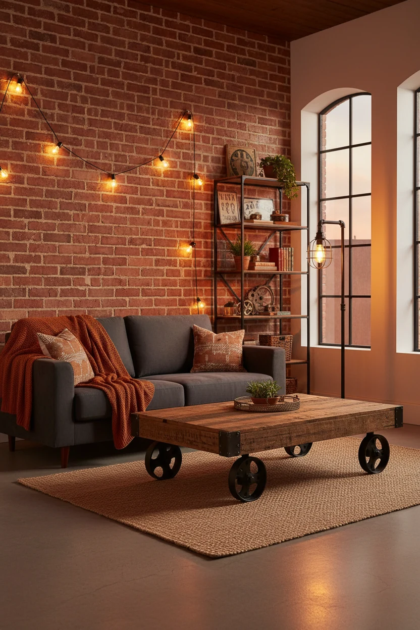 Corner-angled medium shot of a cozy industrial loft-style space with peel-and-stick faux brick accent wall, deep charcoa