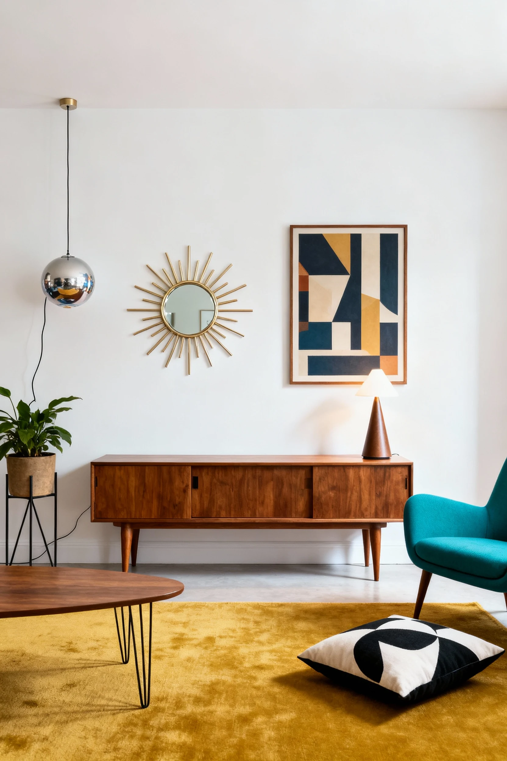 4. Wide shot, straight-on, photorealistic: mid-century living area featuring a walnut media console with tapered legs, h