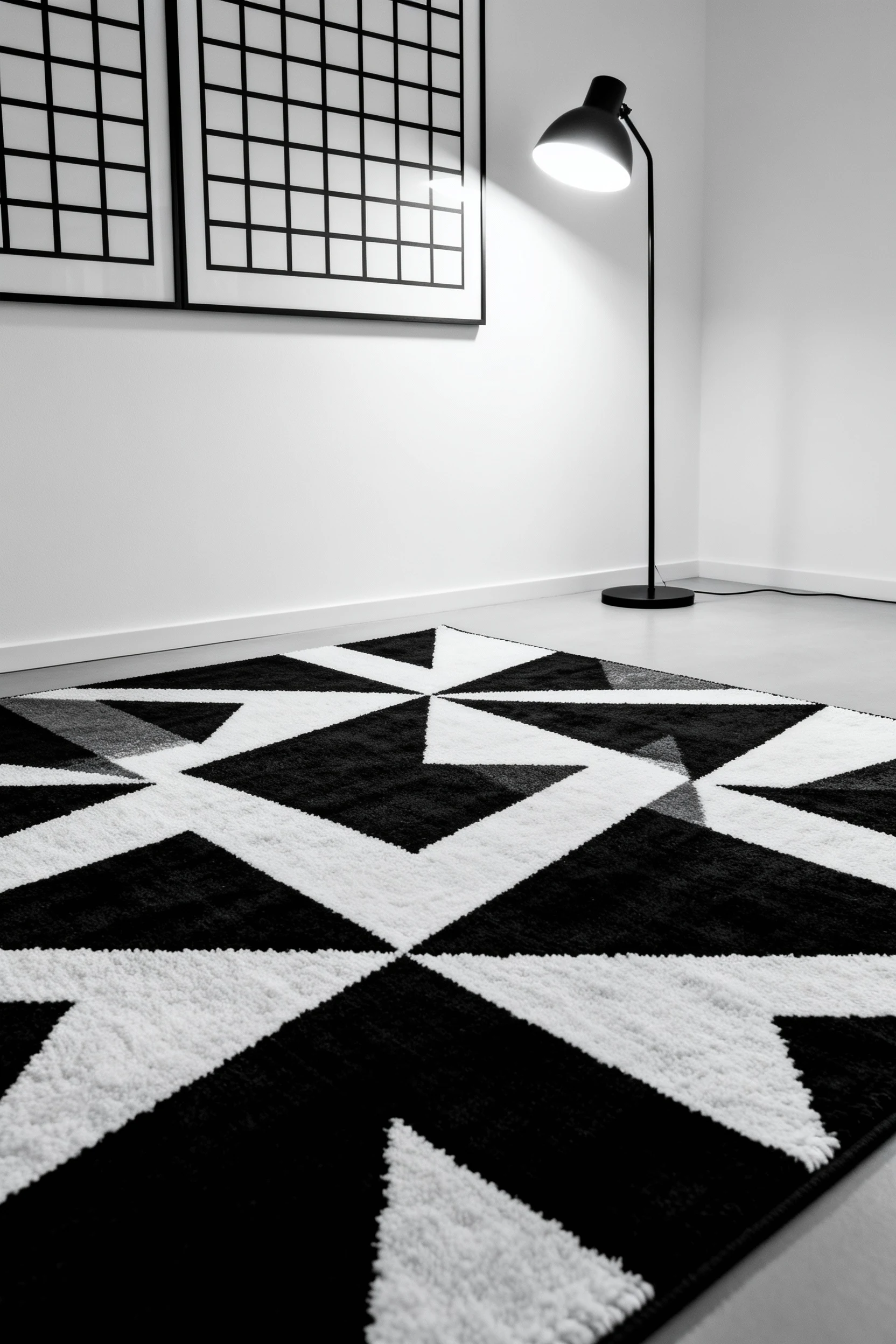 Medium diagonal angle, photorealistic: a crisp black-and-white rug anchoring the scene, grid art on the wall, and a slee