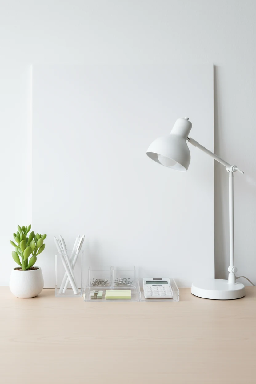 Straight-on view of a minimalist workspace nook with clear acrylic organizers neatly arranged against a pure white poste