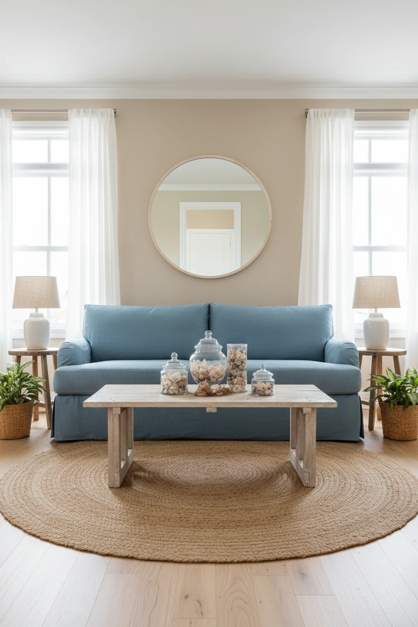 Wide-angle straight-on view of a coastal calm living space with soft sandy beige walls, crisp white trim, an ocean blue 