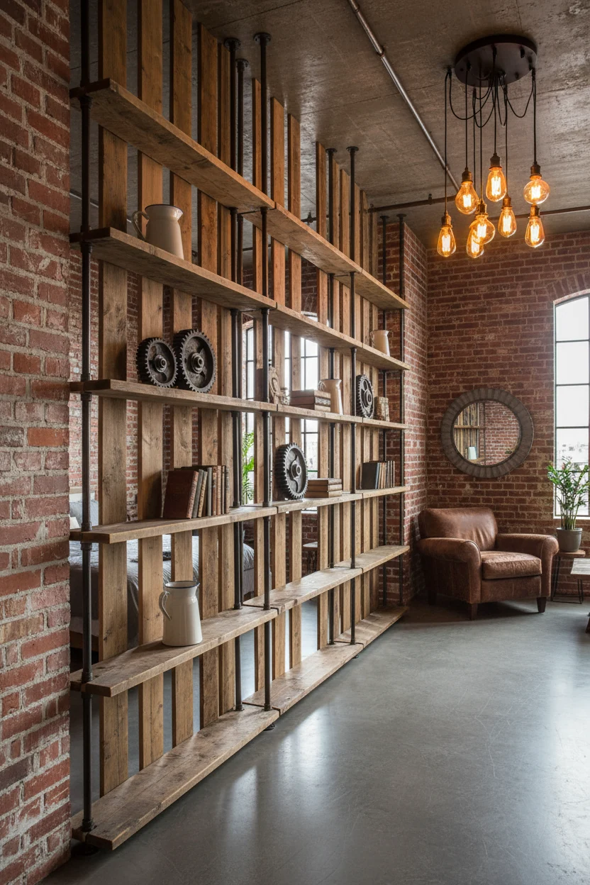 Wide room shot of an industrial chic studio apartment with faux exposed brick wall, reclaimed wood and metal pipe shelvi