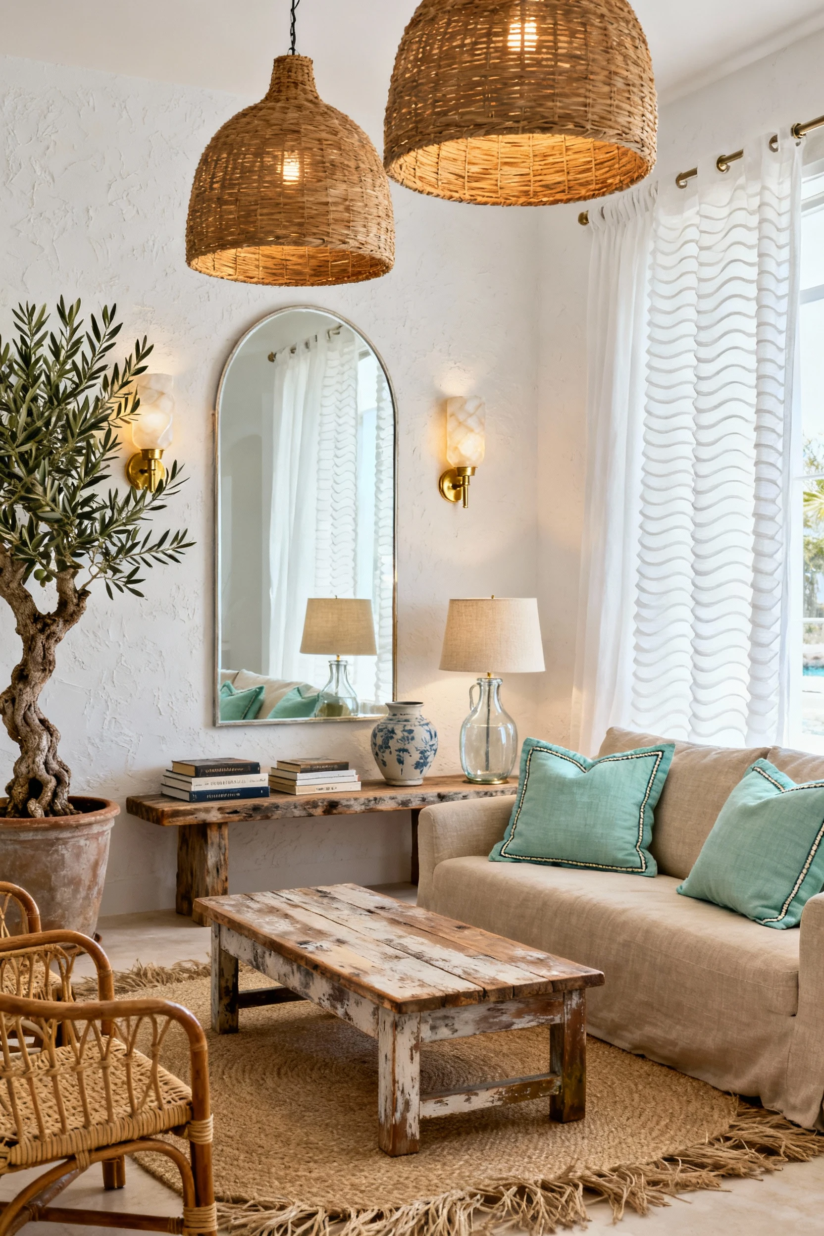 Photorealistic wide corner angle, breezy coastal: soft white walls, sand-toned jute rug, linen sofa in warm natural with