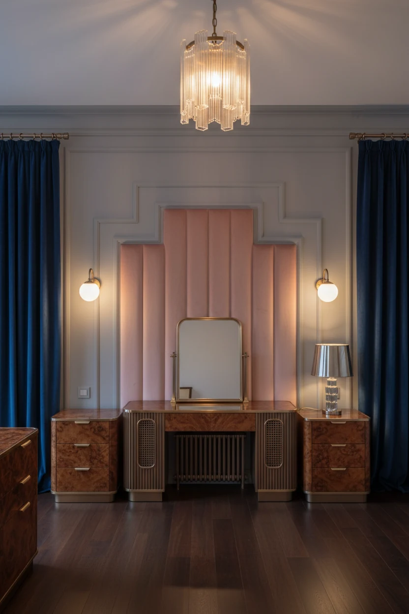 4. Photorealistic straight-on symmetrical medium shot of an Art Deco glam bedroom: channel-tufted headboard centered bet