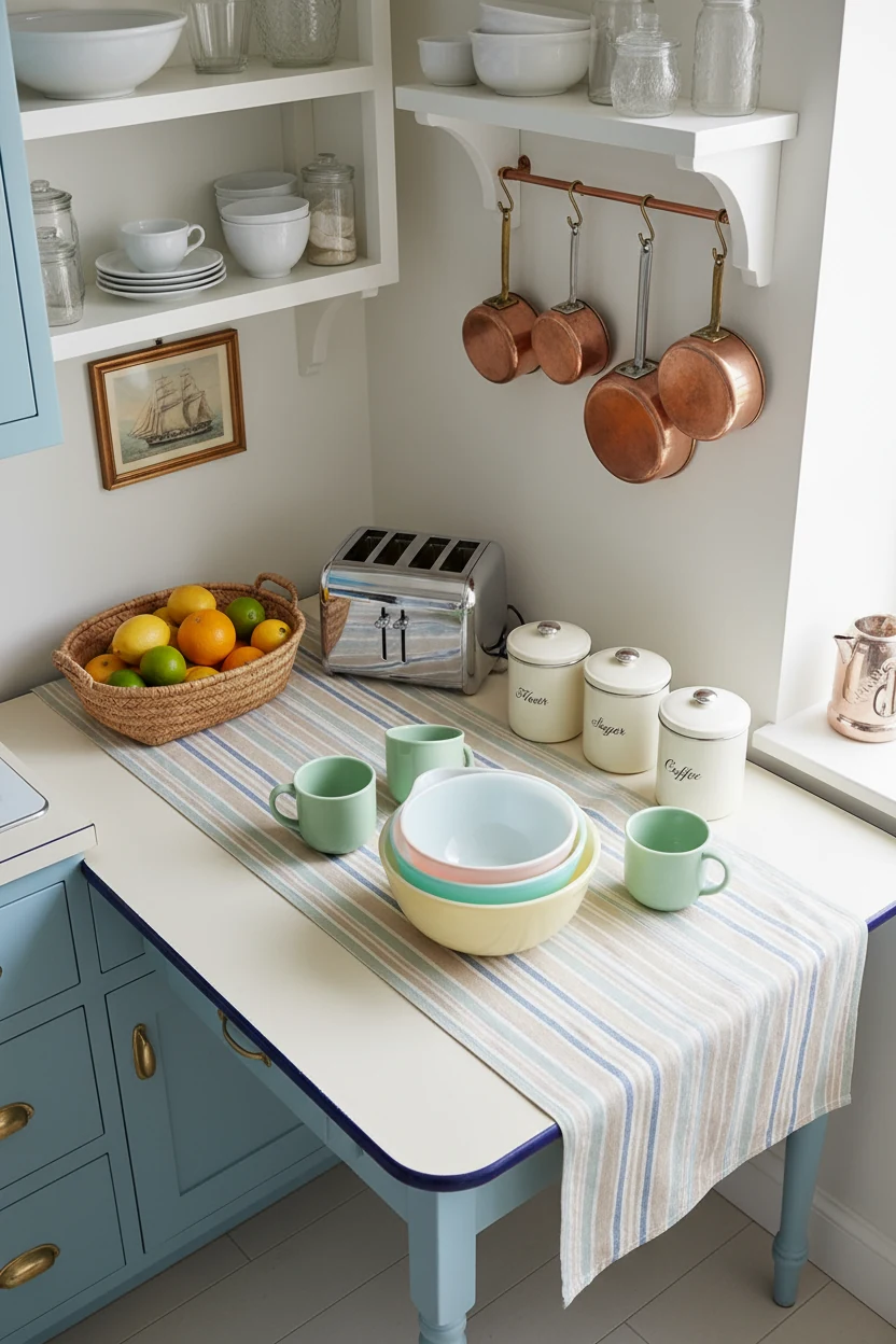 4. Overhead detail of a retro coastal kitchen enamel-top table: striped cotton runner, pastel Pyrex bowls, jadeite mugs,