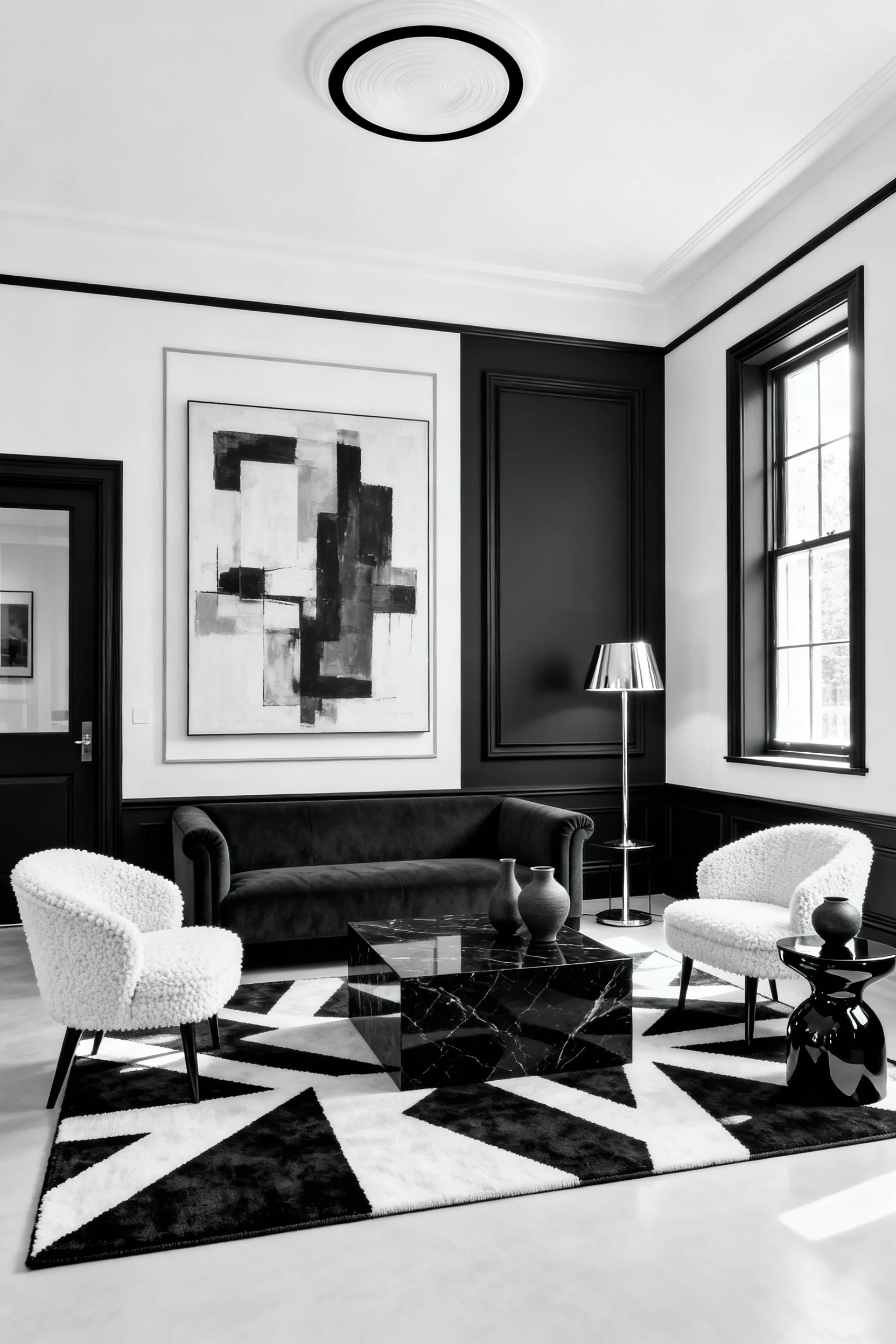 Straight-on medium shot of a monochrome gallery living room: bright gallery white walls with semi-gloss jet-black trim o