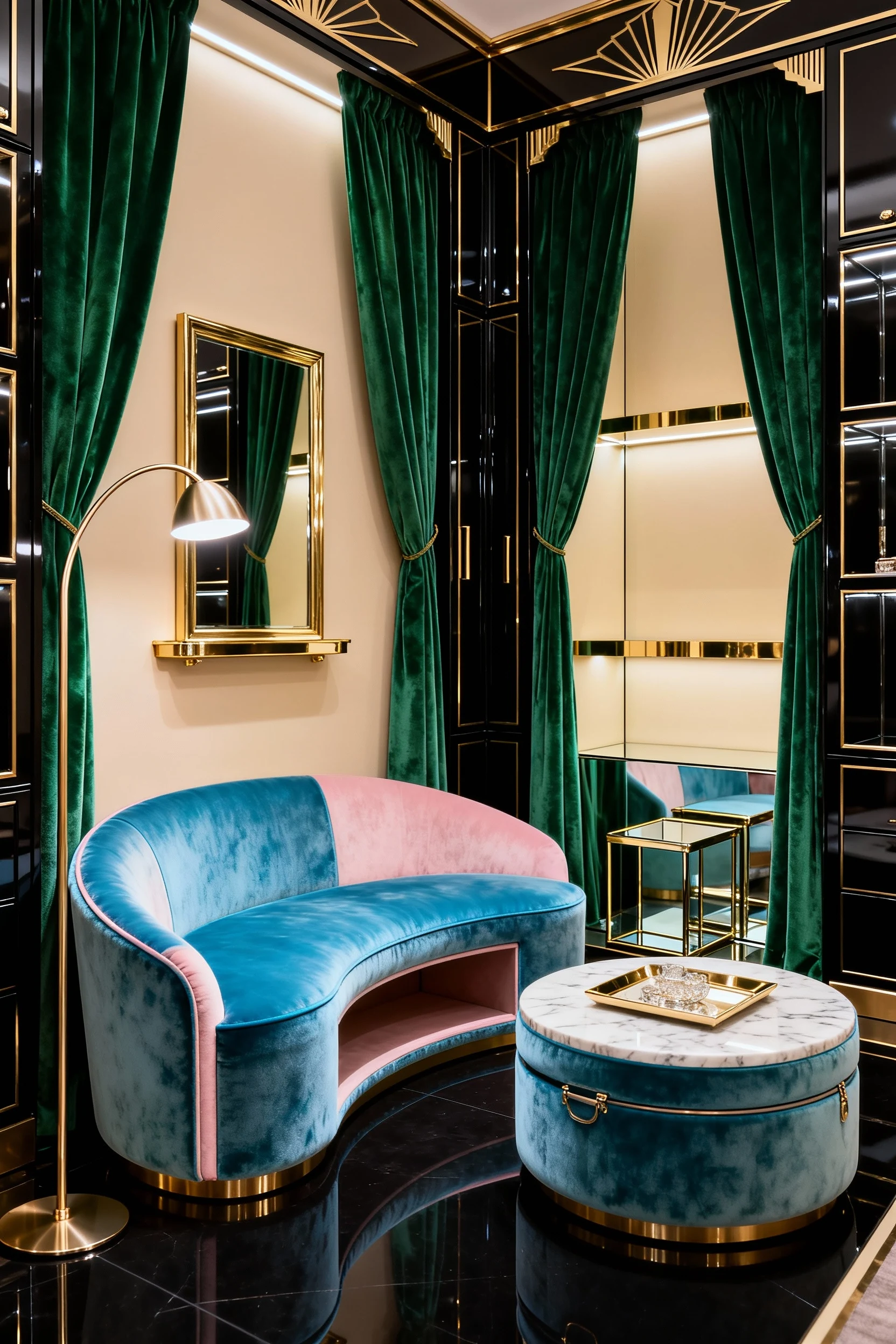 Closeup photorealistic detail of an Art-Deco jewel box salon: emerald velvet curtains concealing wall-to-wall storage, c