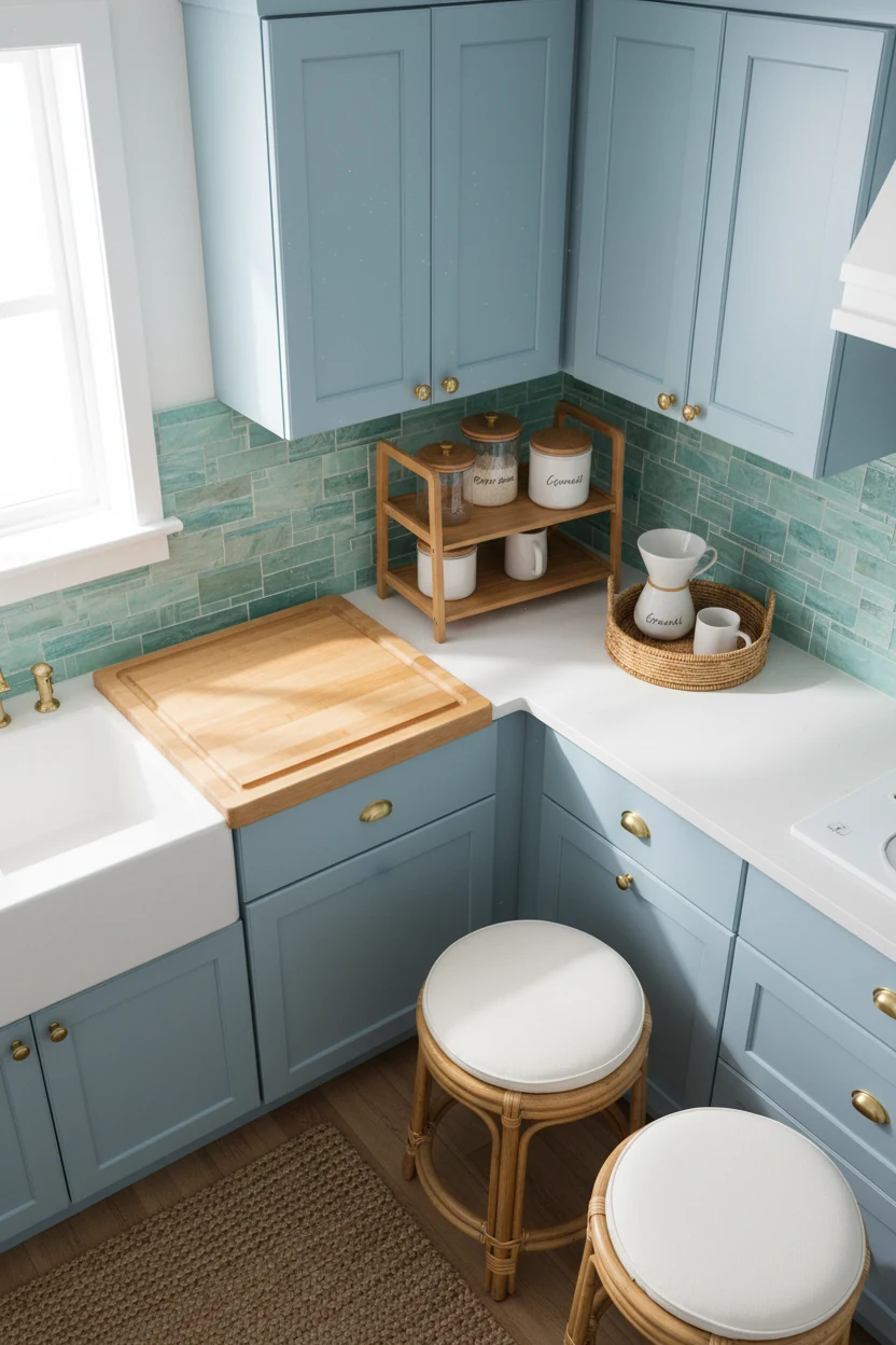 Photorealistic overhead top-down shot of a coastal kitchen nook: soft powder-blue cabinets with brass cup pulls, sea-gla