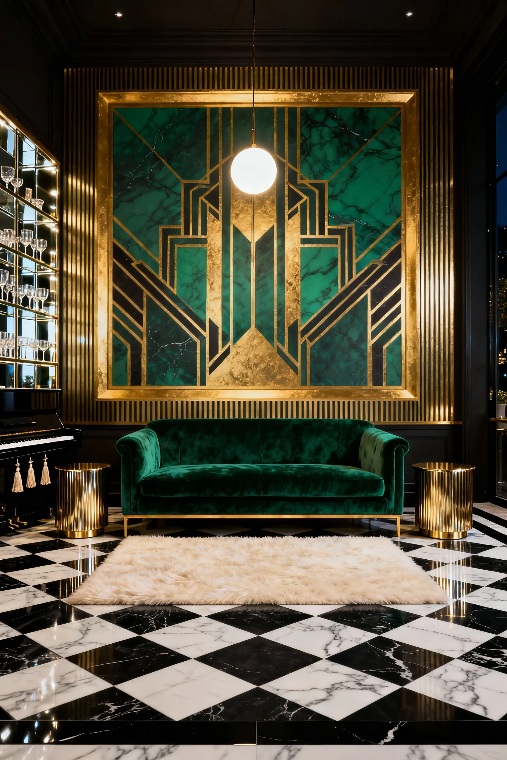 Photorealistic straight-on wide, symmetrical Gilded Art Deco Glam Lounge at night: emerald-and-gold geometric peel-and-s