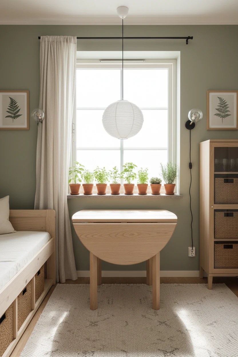 4. Photorealistic medium diagonal shot toward a bright Scandi window nook: sage green walls, pale ash wood round drop-le
