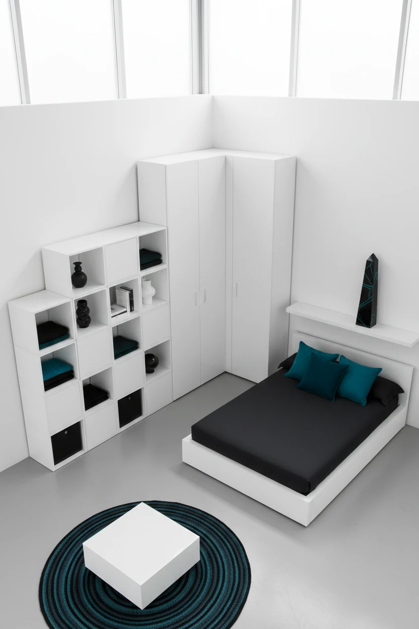 Overhead view of a modern minimalist bedroom corner with black, white, and rich teal accents, modular white cube storage