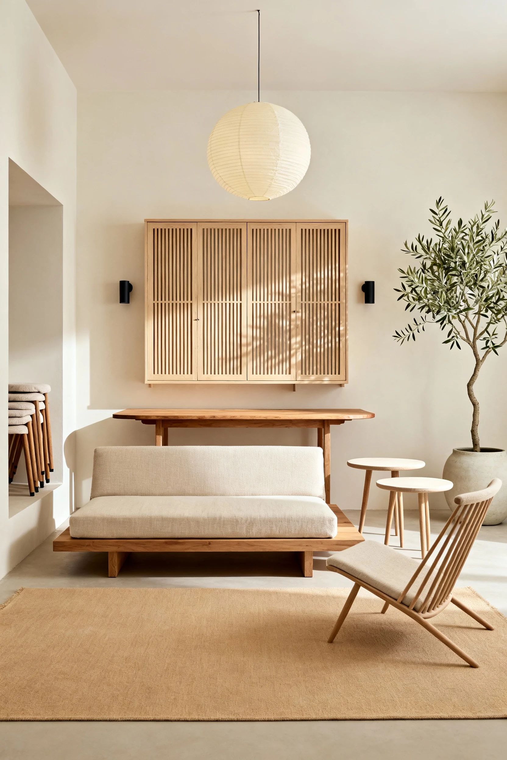 4. Medium straight-on shot, photorealistic, no people: low wood platform sofa in oat linen with drop-leaf table as conso