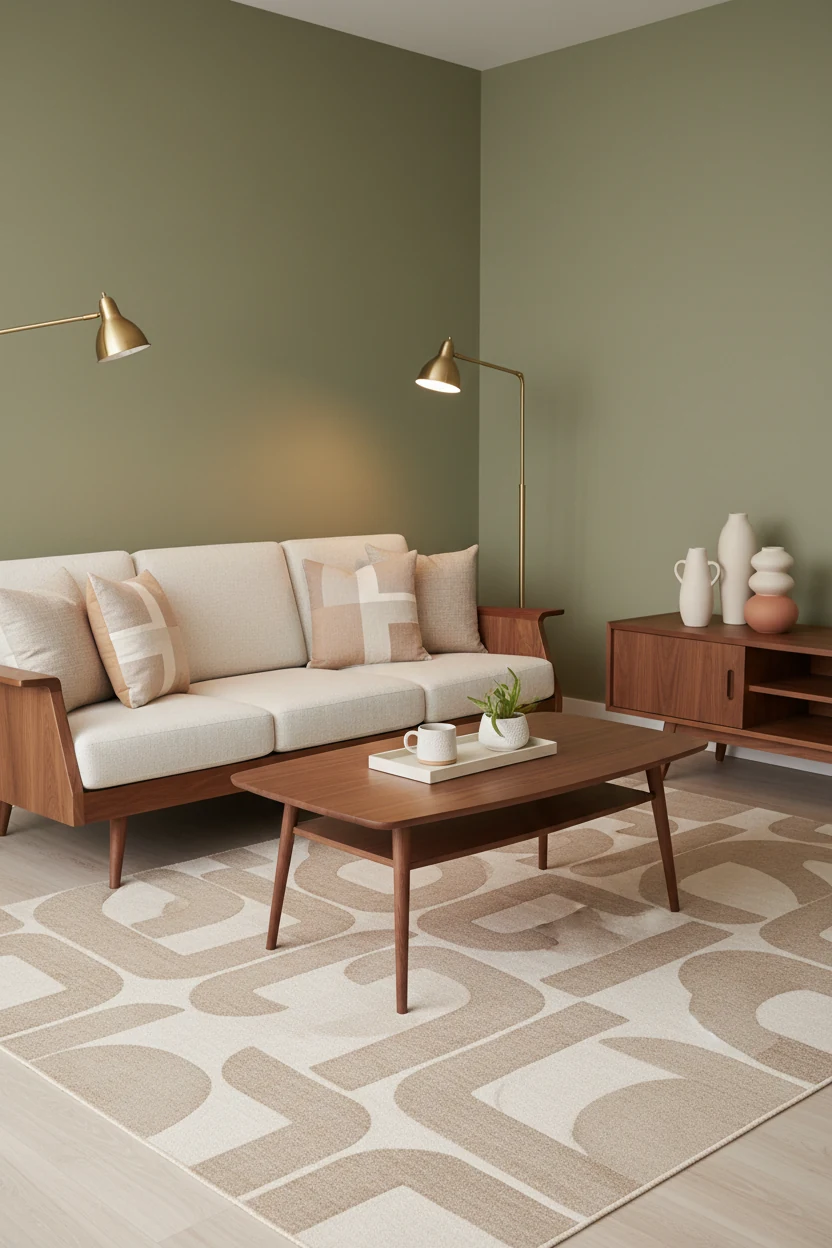 Corner-perspective shot of a mid-century minimal living space with muted olive walls, walnut sofa with tapered wood legs