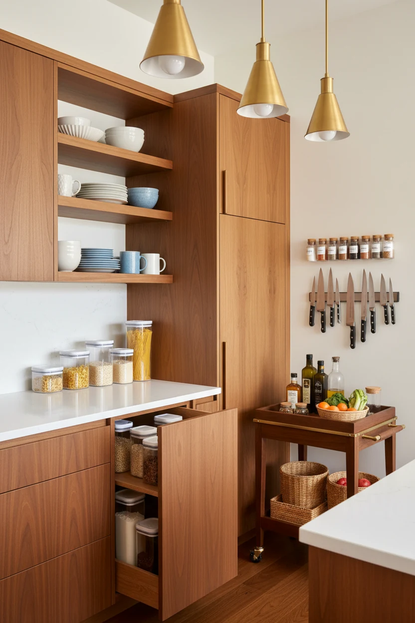 Close-up eye-level shot of a sleek mid-century kitchen corner featuring warm walnut wood cabinetry with a pull-out shelf