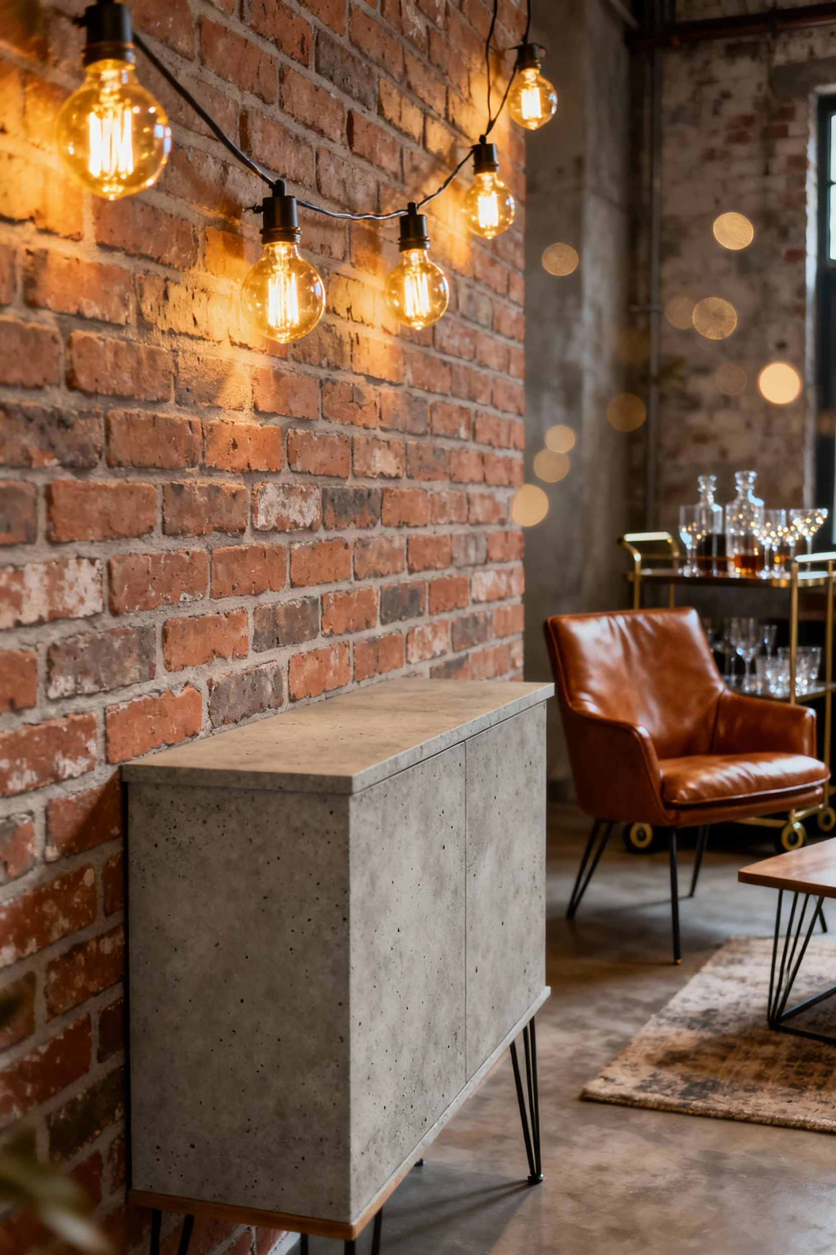 Photorealistic closeup corner detail: warm Edison bulbs strung across brick peel-and-stick wallpaper, the glow reflectin