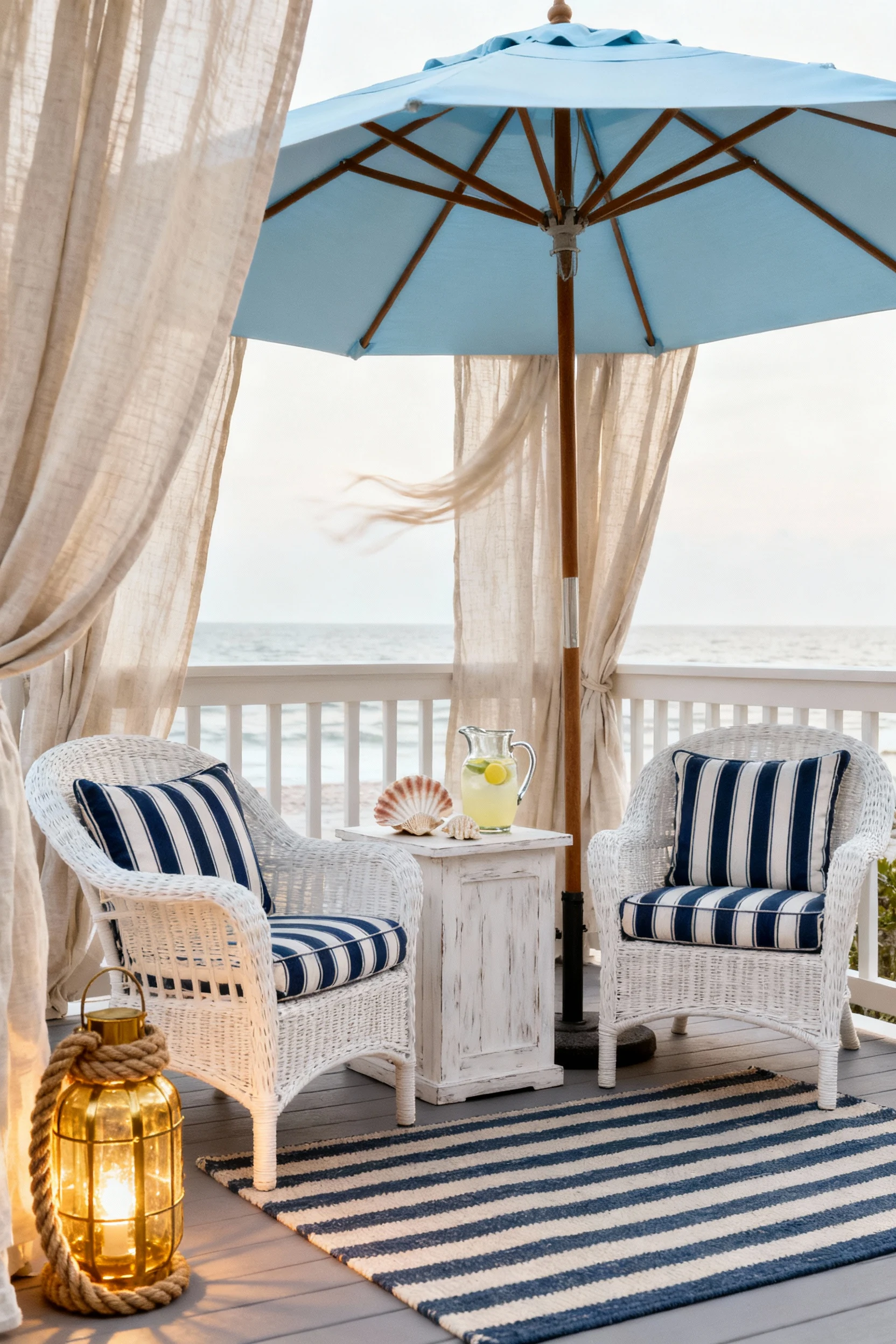 A medium shot of a coastal breeze patio nook featuring soft white wicker chairs with navy-striped cushions beneath a lig