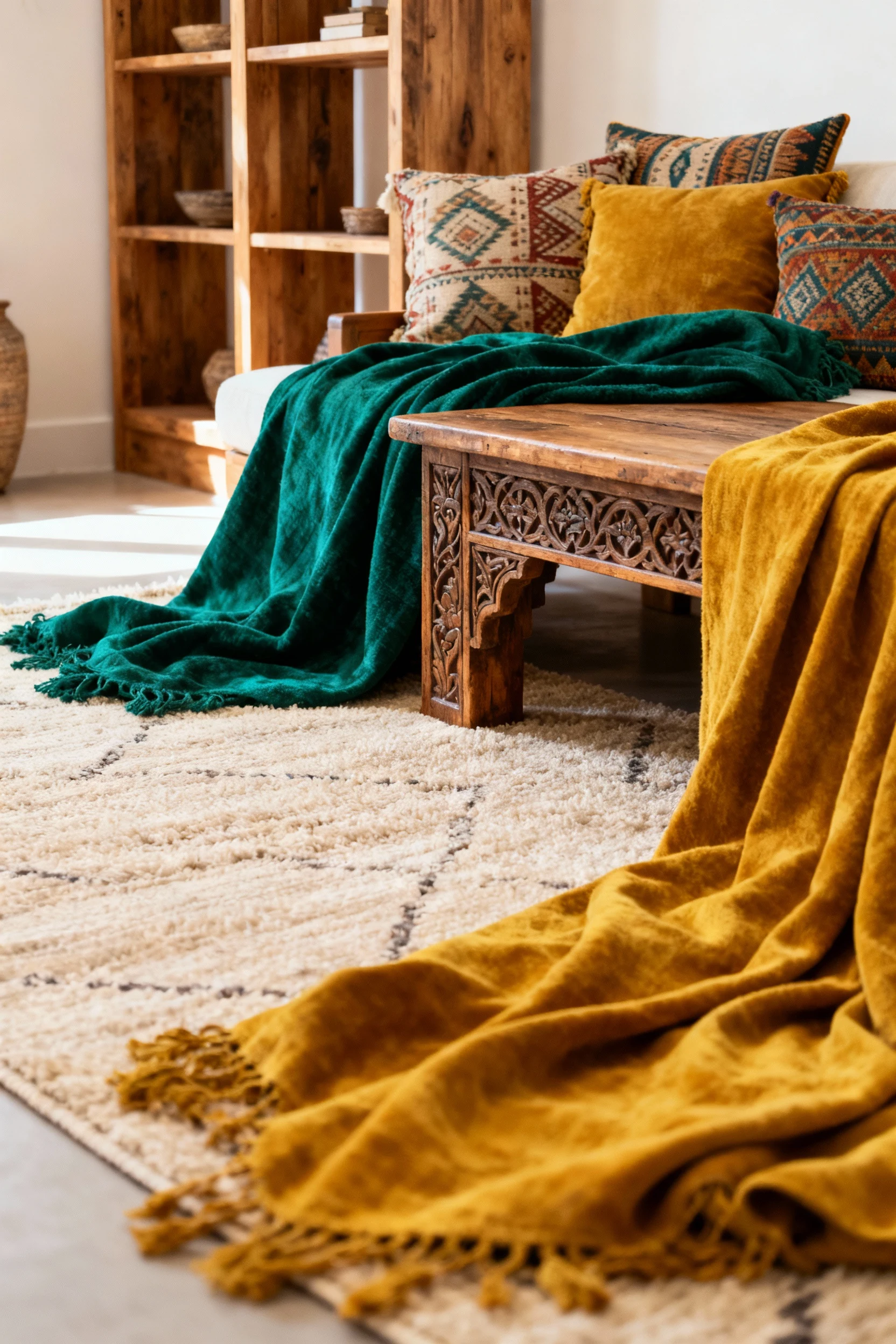 Closeup of a bohemian-themed seating area with a neutral rug base, layered jewel-toned throws in emerald green and musta