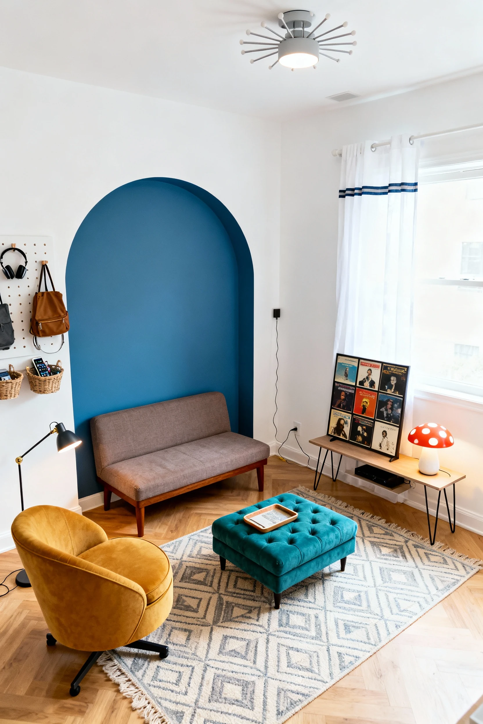 Photorealistic wide, elevated corner-angle shot of a playful mid-century small living room with crisp white walls and a