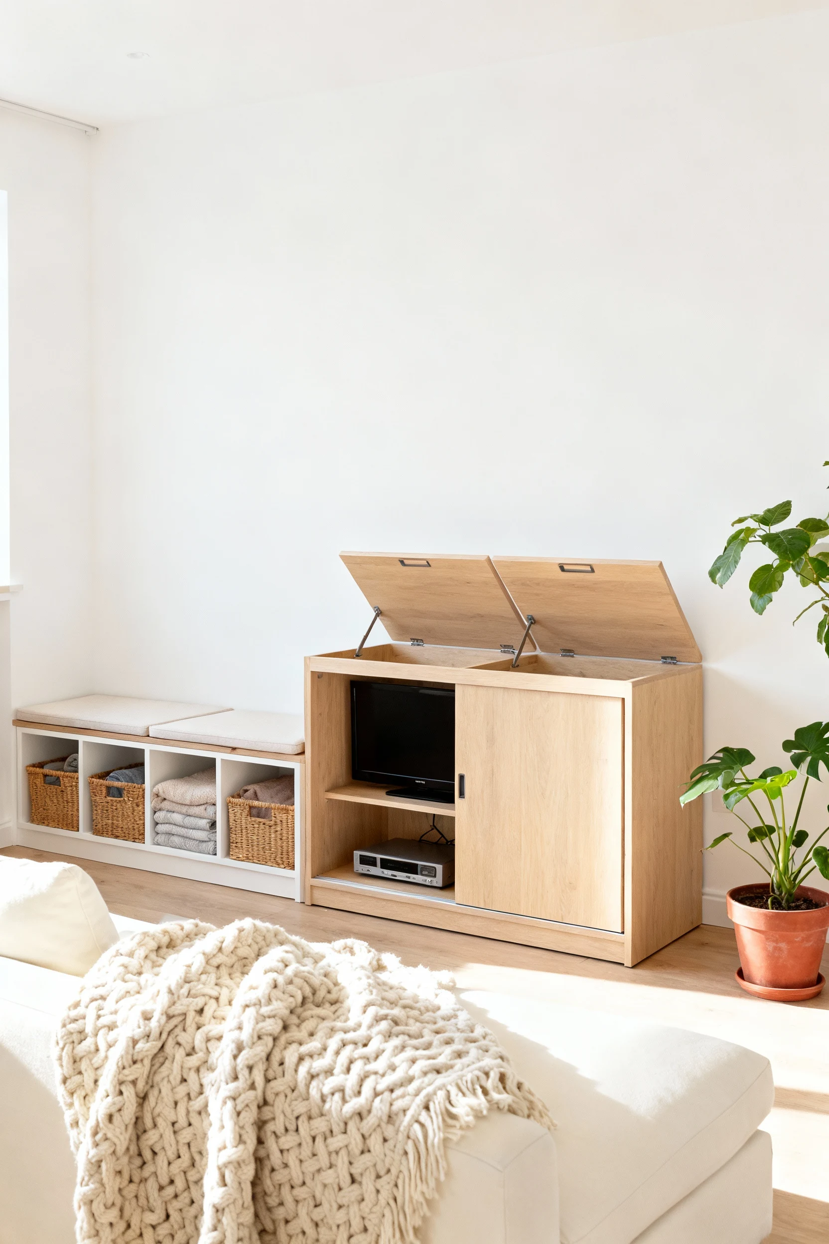 Straight-on medium shot of a Scandinavian living room with crisp white walls, pale oak media unit with sliding doors hid
